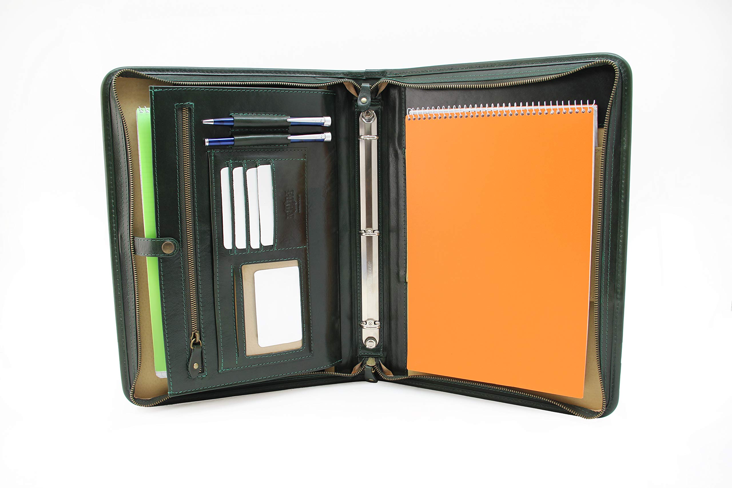 Professional Leather Portfolio 3-Ring Binder - Notebook & Legal Pad Organizer with Zipper Closure | A4 Size Business Padfolio for Men & Women (Green) | Perfect for Office Meetings, Presentations & Executive Gifting