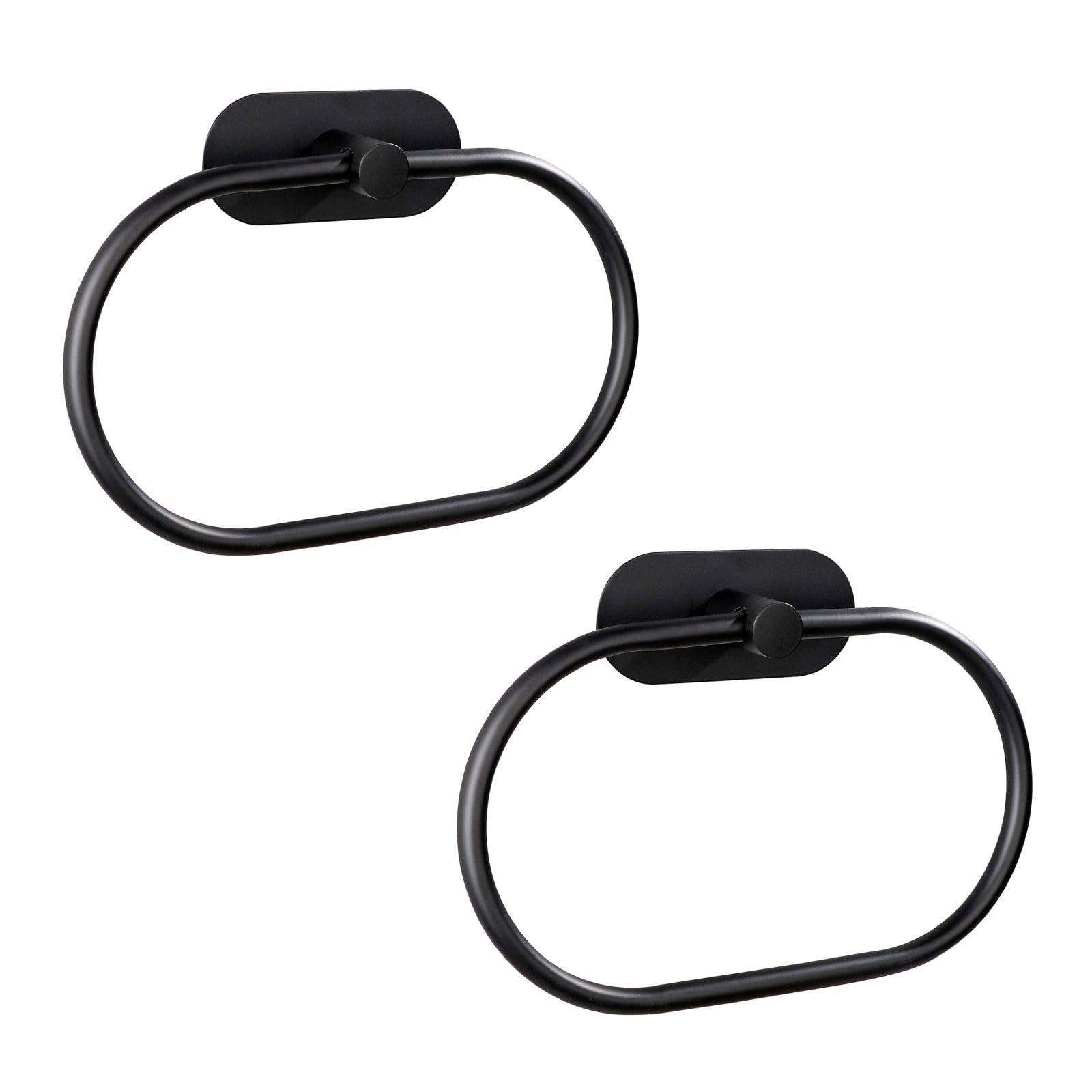 Stainless Steel Self Adhesive Towel Holder - No Drill Bathroom Towel Ring & Bar Set (2 Pack, Black) - Perfect for Modern Bathrooms, Kitchens & RVs - Wall Mounted Hand Towel Hanger for Easy Access