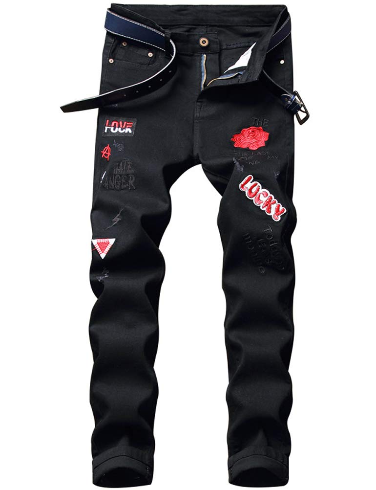 IDEALSANXUN Men's Ripped Jeans - Slim Fit Stretch Denim Pants with Pattern Design, Straight Leg Skinny Jeans for Casual Wear & Street Style Outfits