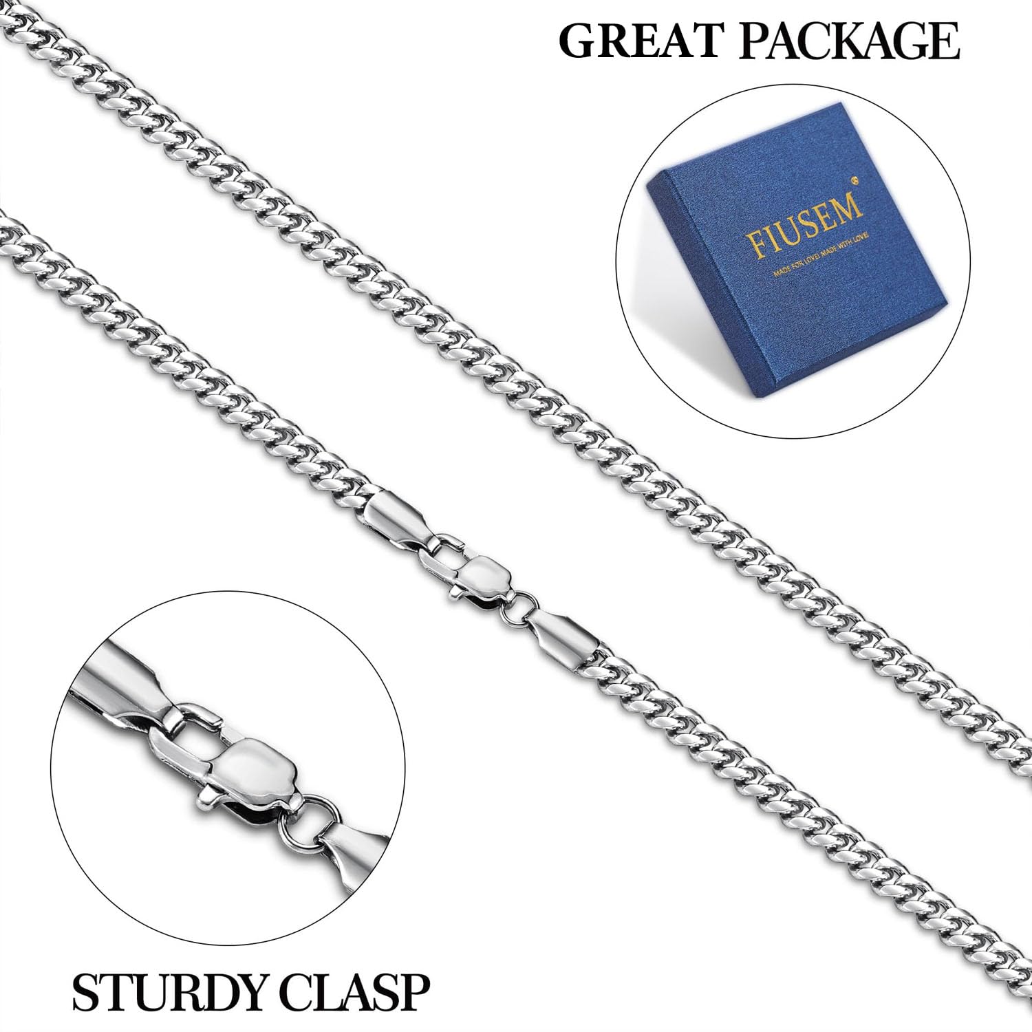 Fiusem Stainless Steel Cuban Link Chain for Men & Women - Silver Tone Necklace in 4mm, 5mm, 6mm, 8mm Widths | Durable Unisex Jewelry for Everyday Wear, Parties & Gifts