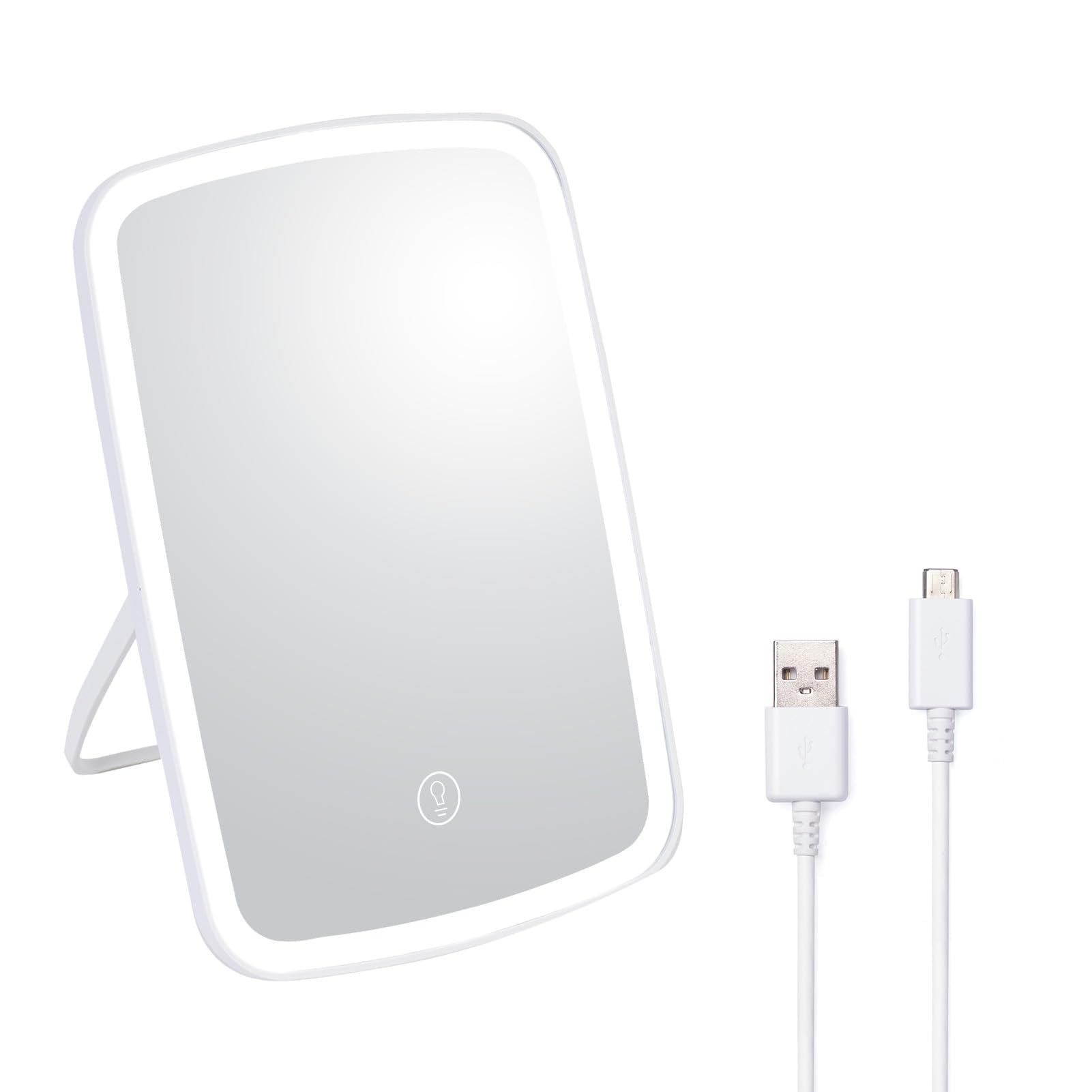 BoxedHome USB Rechargeable LED Travel Makeup Mirror with 3 Color Lighting Modes | Portable Tabletop Cosmetic Mirror with Stepless Dimming & Adjustable Angle | Perfect for Home, Travel, and Vanity Use (White)