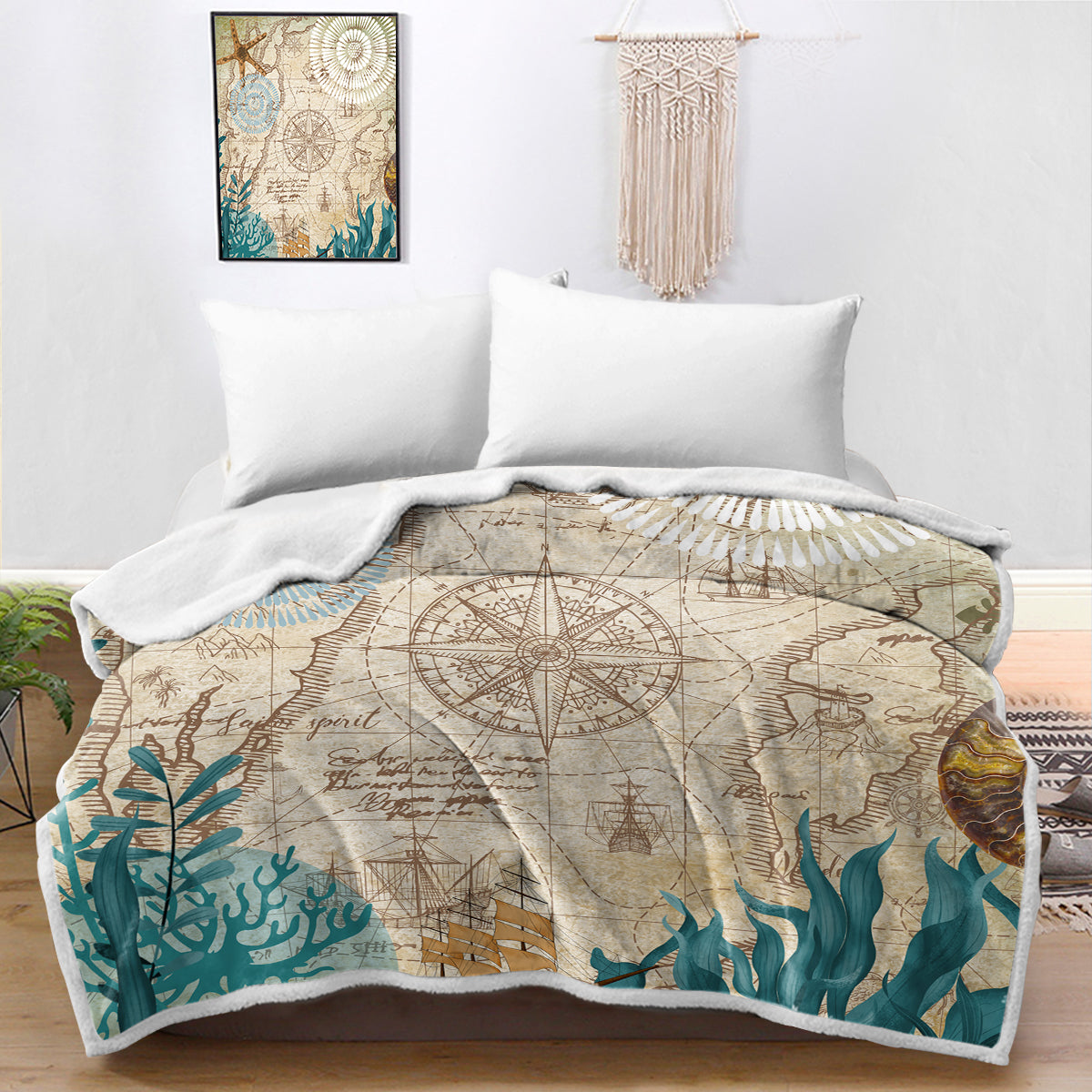 Nautical Chart Bedspread Blanket - Coastal Decor Throw Blanket for Sofa, Bed & Boat - Perfect for Beach House, Nautical Theme Room & Marine Enthusiasts