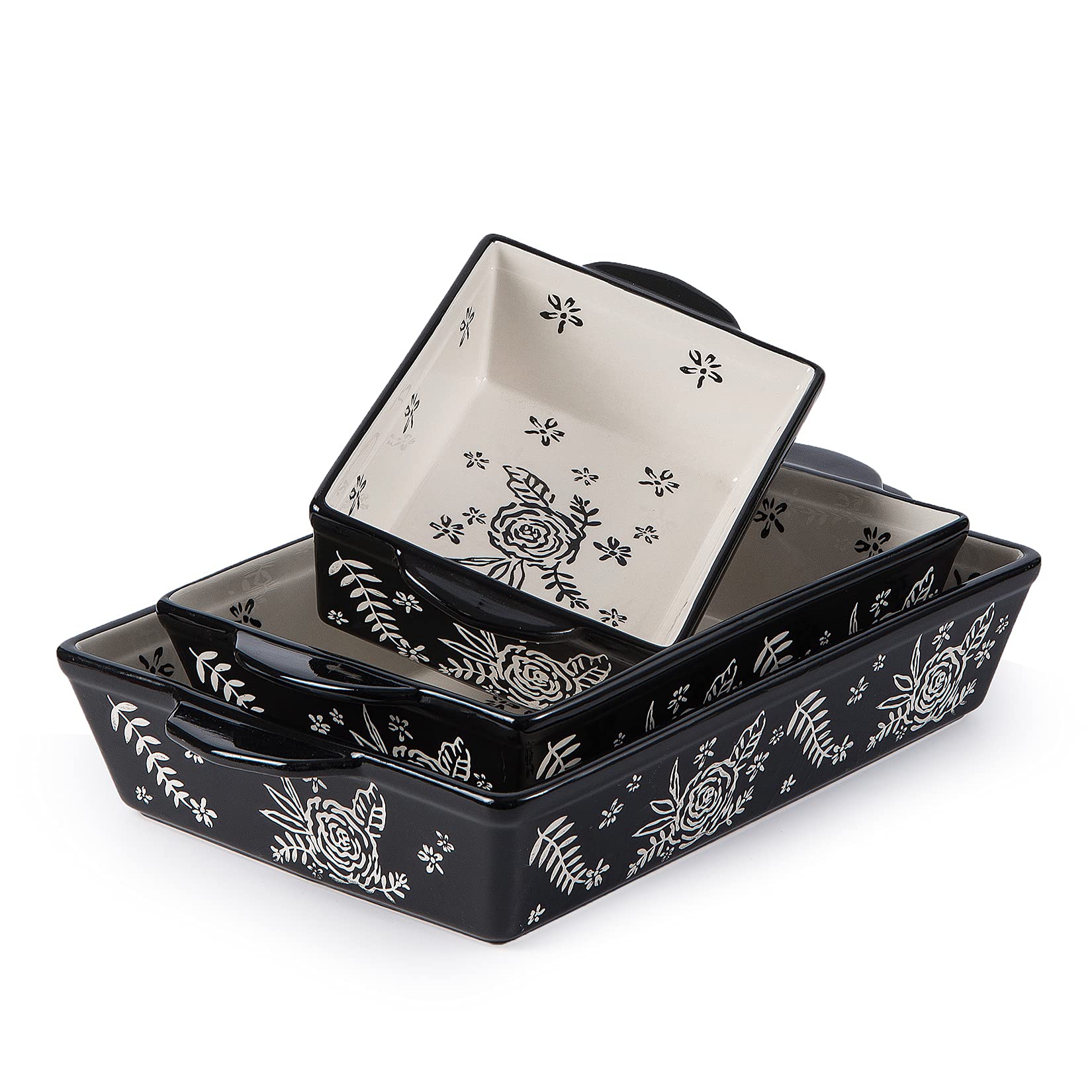 3-Piece Ceramic Baking Dish Set - Nonstick Lasagna Pan & Casserole Bakeware with Rose Pattern, Oven Safe & Stackable for Baking, Roasting & Meal Prep | Perfect for Family Dinners, Holiday Cooking & Potluck Parties