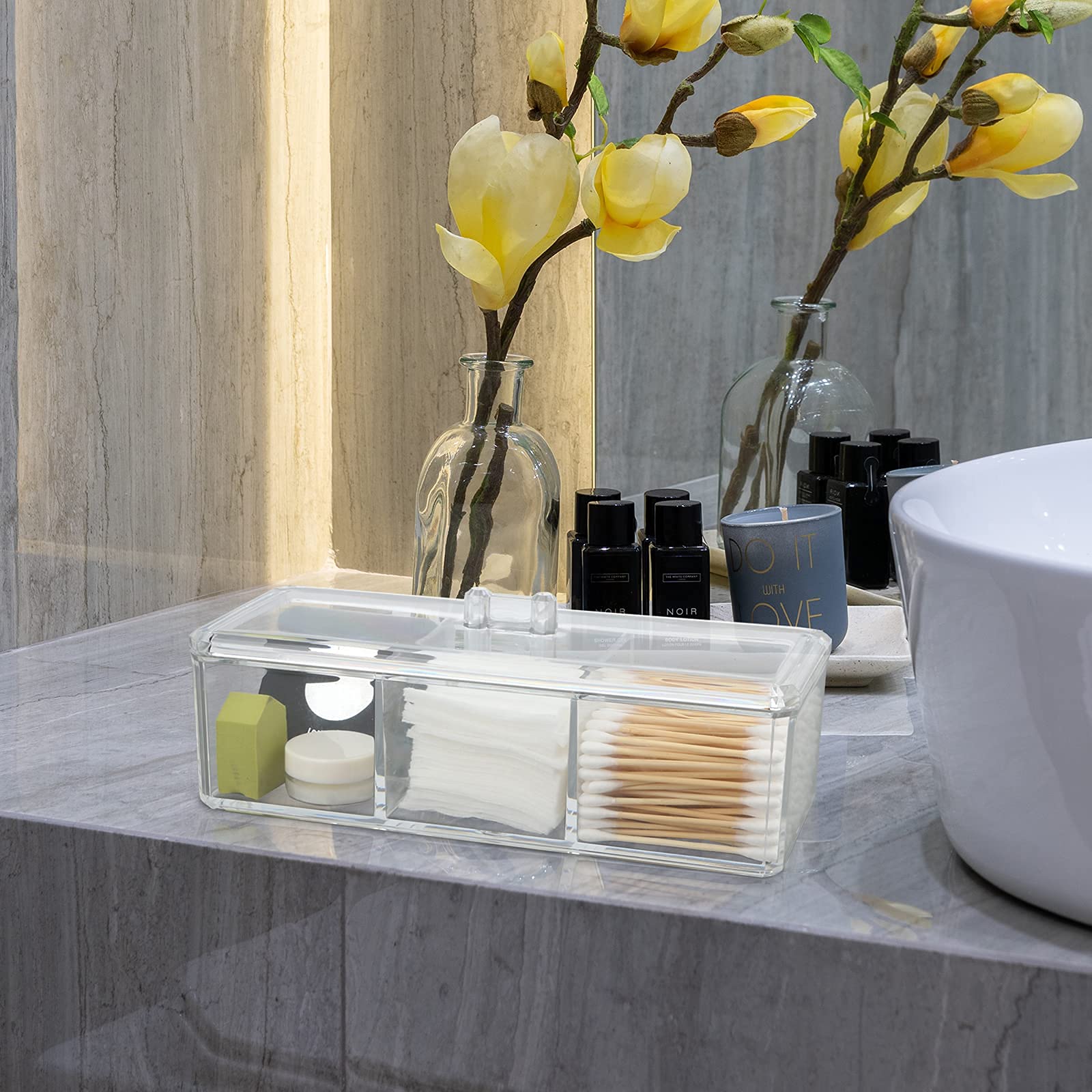 Clear Acrylic Drawer Organizer with Lid - 3 Compartment Makeup Storage Box for Vanity Desk, Bathroom & Jewelry Display - 9.17x3.7x3.46 Inch Small Item Organizer - Perfect for Cosmetics, Office Supplies & Craft Storage