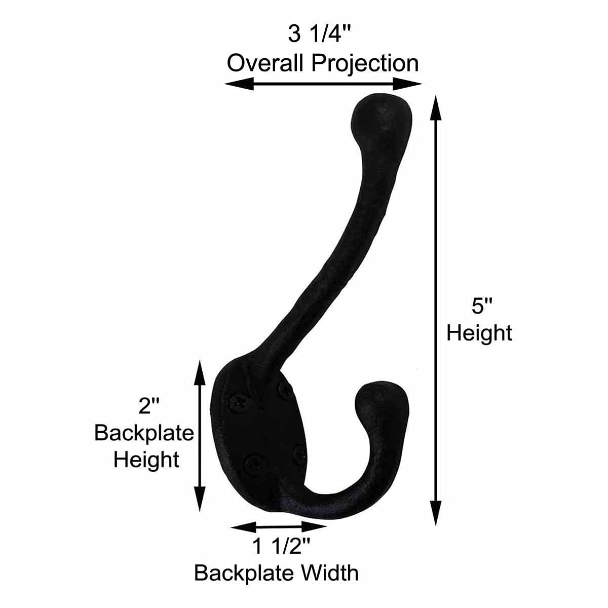 Rustic Black Wrought Iron Double Coat Hooks - 5 Inch Wall Mounted Robe & Jacket Hangers - Pack of 12 with Hardware - Rust Resistant for Entryway, Bathroom & Bedroom Organization