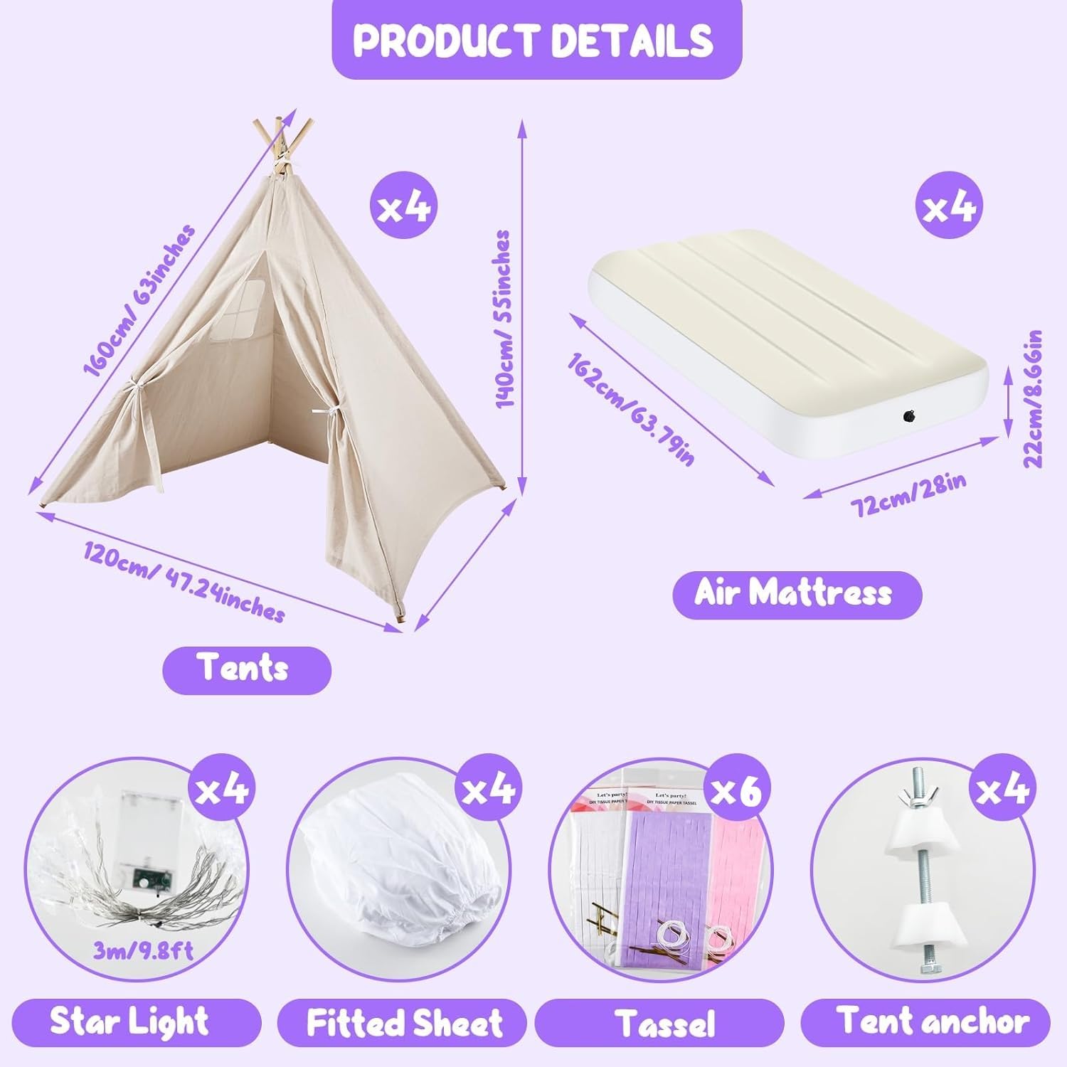PLULON 4 Pack Kids Teepee Tent for Girls - Indoor Play Tent with Inflatable Airbed & Decorations - White Teepee for Slumber Parties, Sleepovers, Christmas & Birthday Gifts - Perfect for Kids' Room Decor, Playtime & Special Occasions
