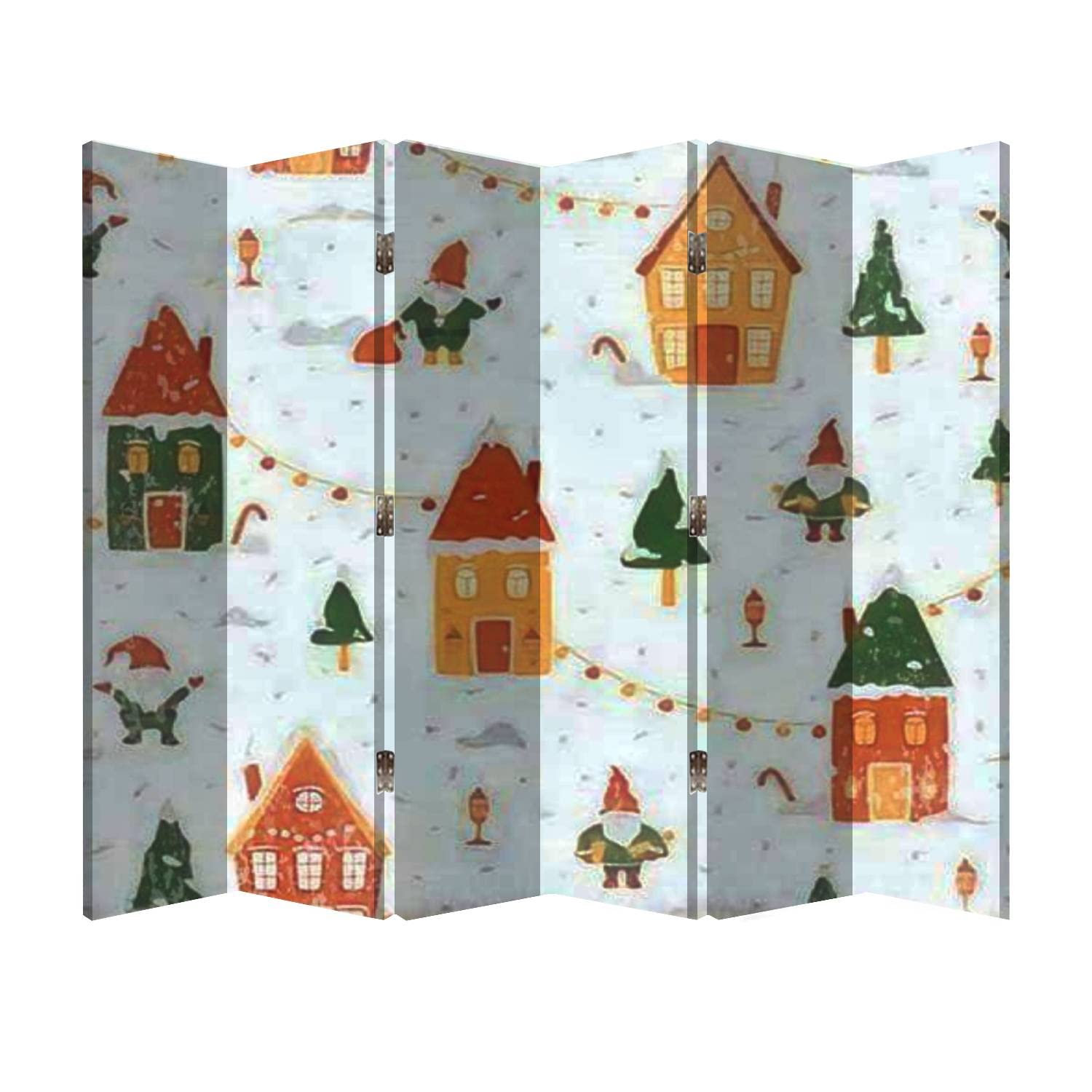 6 Panel Wooden Folding Room Divider Screen - Christmas Village with Gnomes & Gift Sacks - Canvas Privacy Partition for Office, Bedroom & Living Room Decor | Holiday Home Decoration & Space Separator