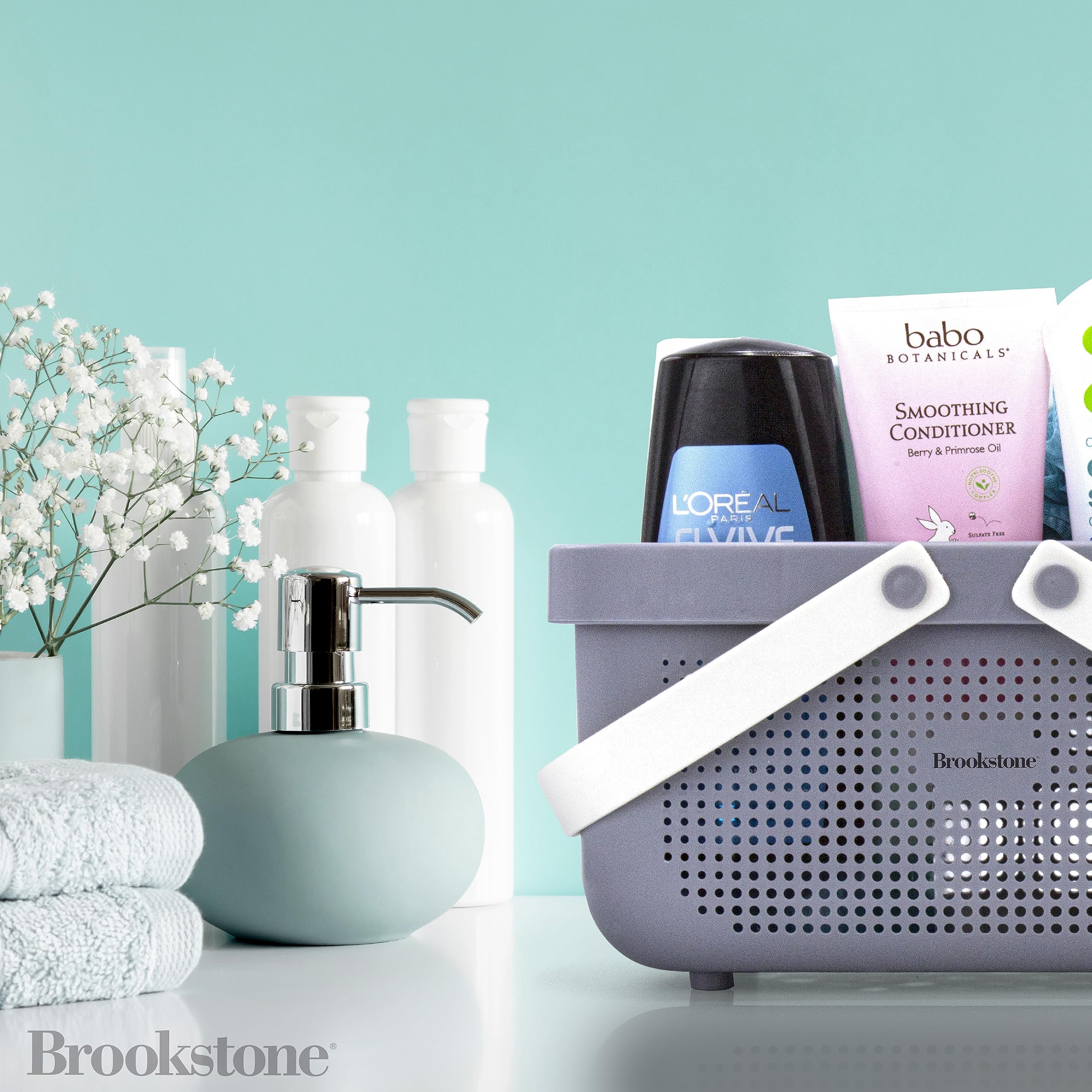 Brookstone BKH1633 Large Portable Shower Caddy - BPA Free Bathroom Organizer with Soft Silicone Handle, Quick-Dry Plastic Bath Tote Basket with Drainage Holes - Perfect for Shower, Bath, and Travel Storage (Gray)