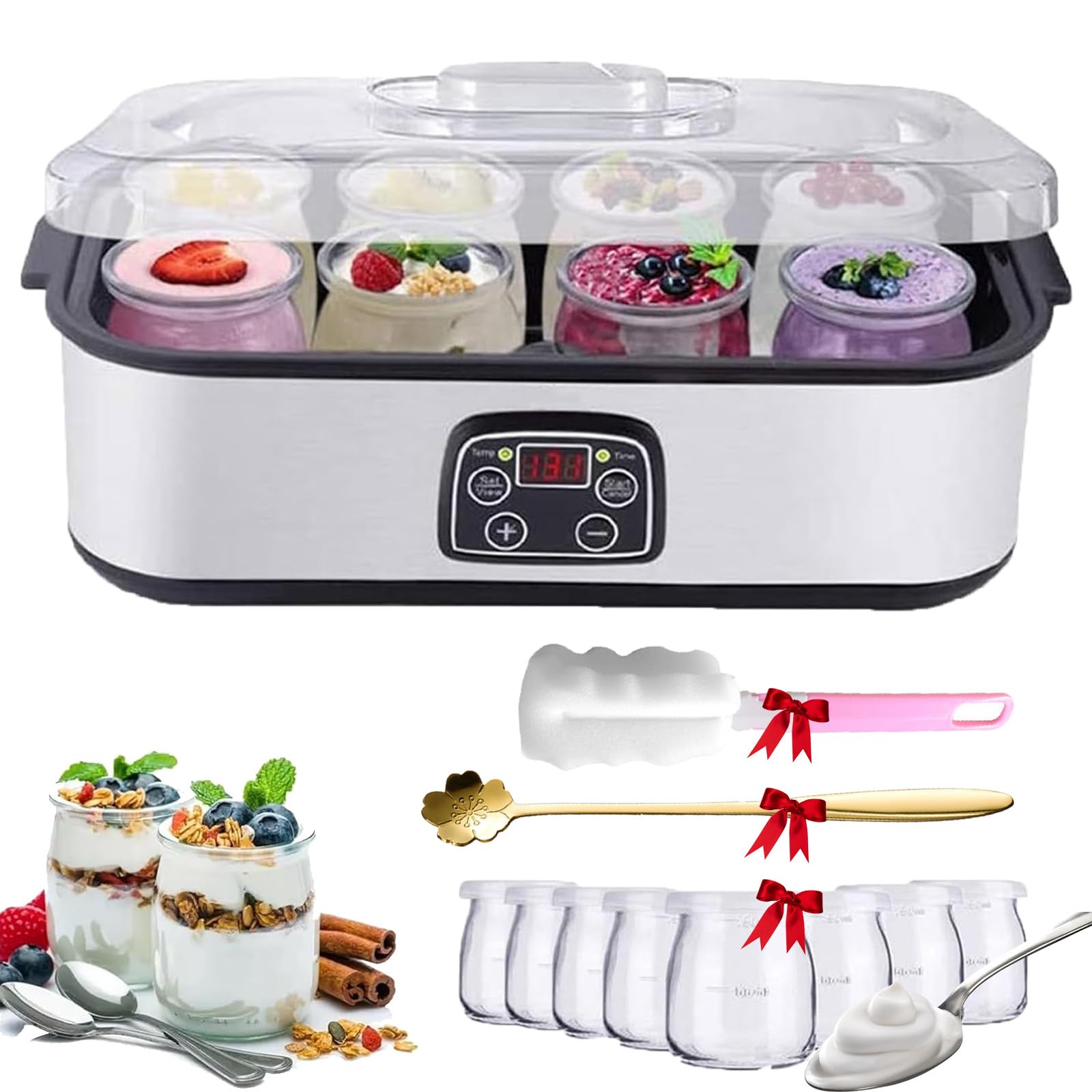 Stainless Steel Probiotic Yogurt Maker - 1400ml Capacity, Adjustable Temperature & Time Control, 36-Hour Fermentation, Includes 8 Glass Jars for Gut Health (Shape-A) | Perfect for Home Kitchen, Healthy Breakfast & Probiotic-Rich Snacks