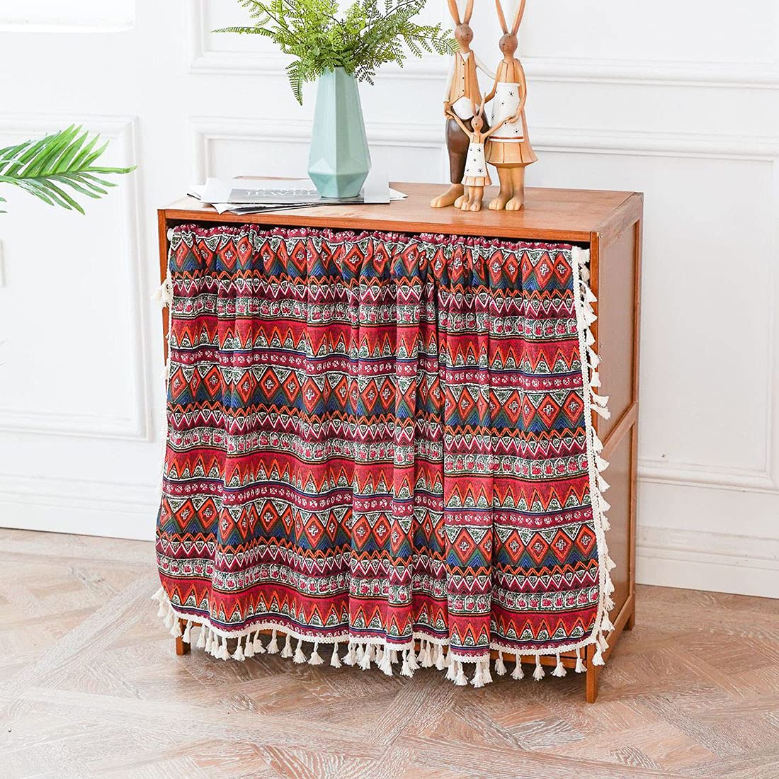 Boho Cotton Linen Cafe Curtains with Tassels - Geometric Print Short Kitchen Curtains with Rod Pocket, 24x35 Inches, Red - Perfect for Kitchen Windows, Cabinets & Boho Home Decor