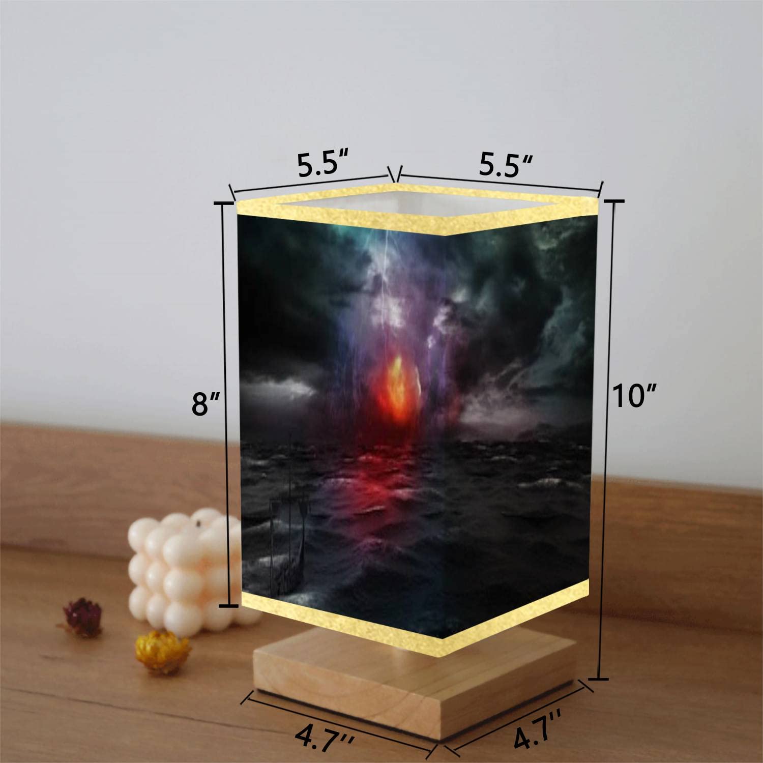 3D Wooden Base Stormfire & Viking Ship Square Bedside Table Lamp - Dimmable Nightstand Lamp with Flaxen Fabric Shade for Bedroom, Living Room - Perfect for Reading, Relaxing & Creating Cozy Ambiance