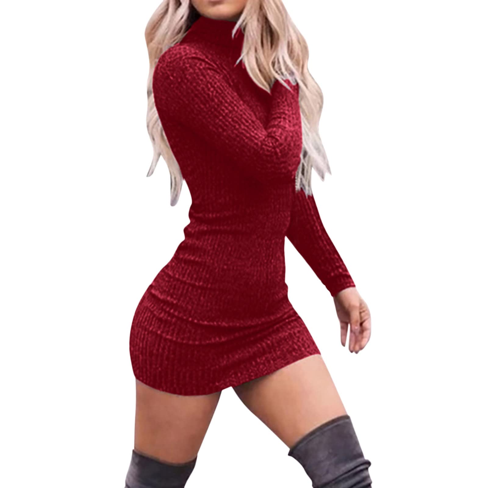 Women's Summer High Neck Long Sleeve Knit Wrap Dress - Solid Color Casual Midi Dress for Beach, Vacation & Everyday Wear
