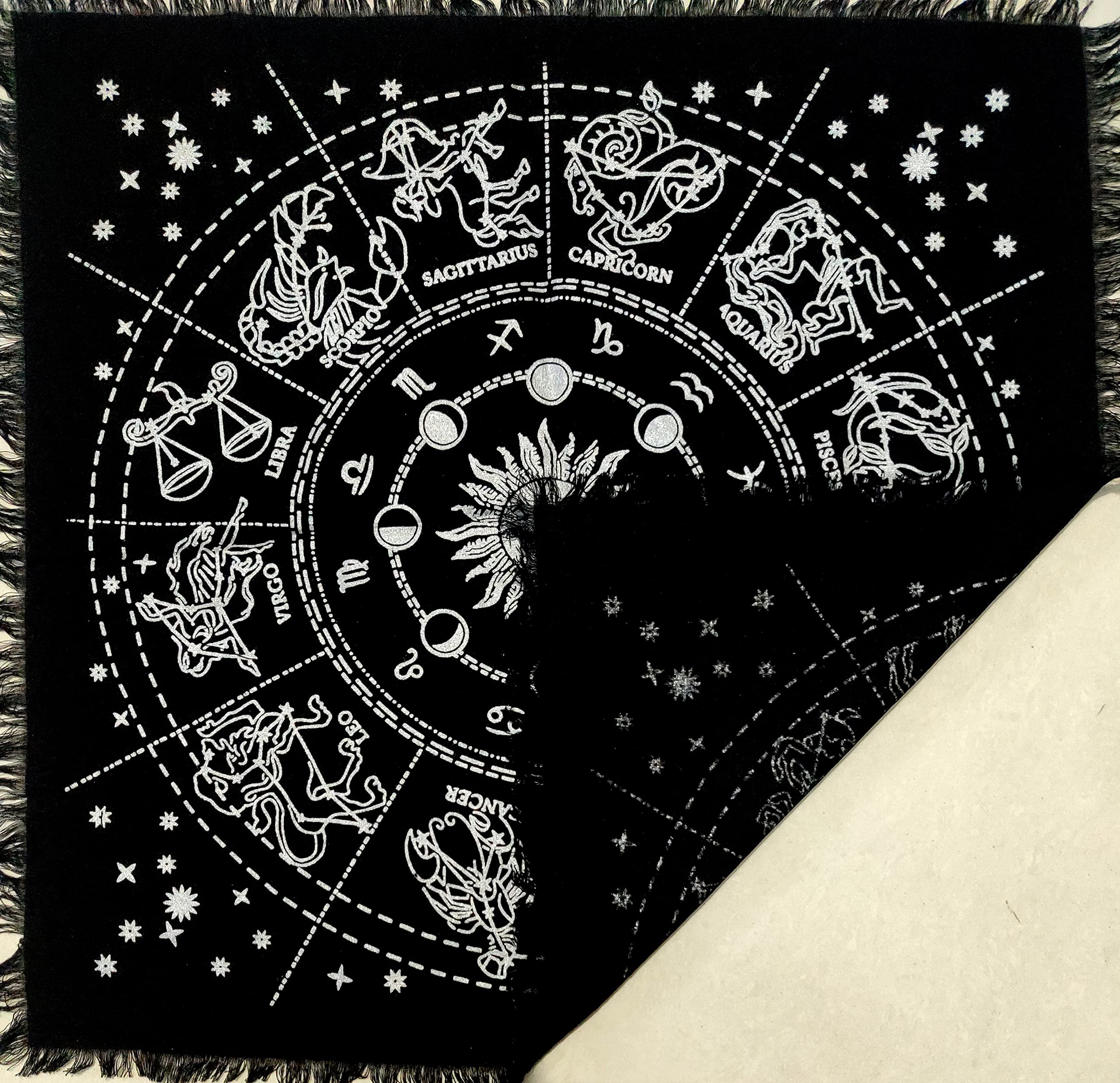 Premium 12 Constellation Altar Cloth - Sun, Moon & Stars Design for Witchcraft, Tarot, Wicca Rituals | 18x18 Inch Zodiac Silver Spiritual Cloth | Perfect for Meditation, Divination & Sacred Ceremonies