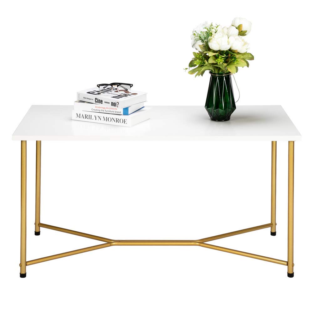 Beyamis Modern Coffee Table - Rectangular White Waterproof MDF Top with Gold Metal Frame & Legs - Mid Century Accent Furniture for Living Room, Sofa Side Table - Perfect for Small Spaces, Apartments & Home Decor