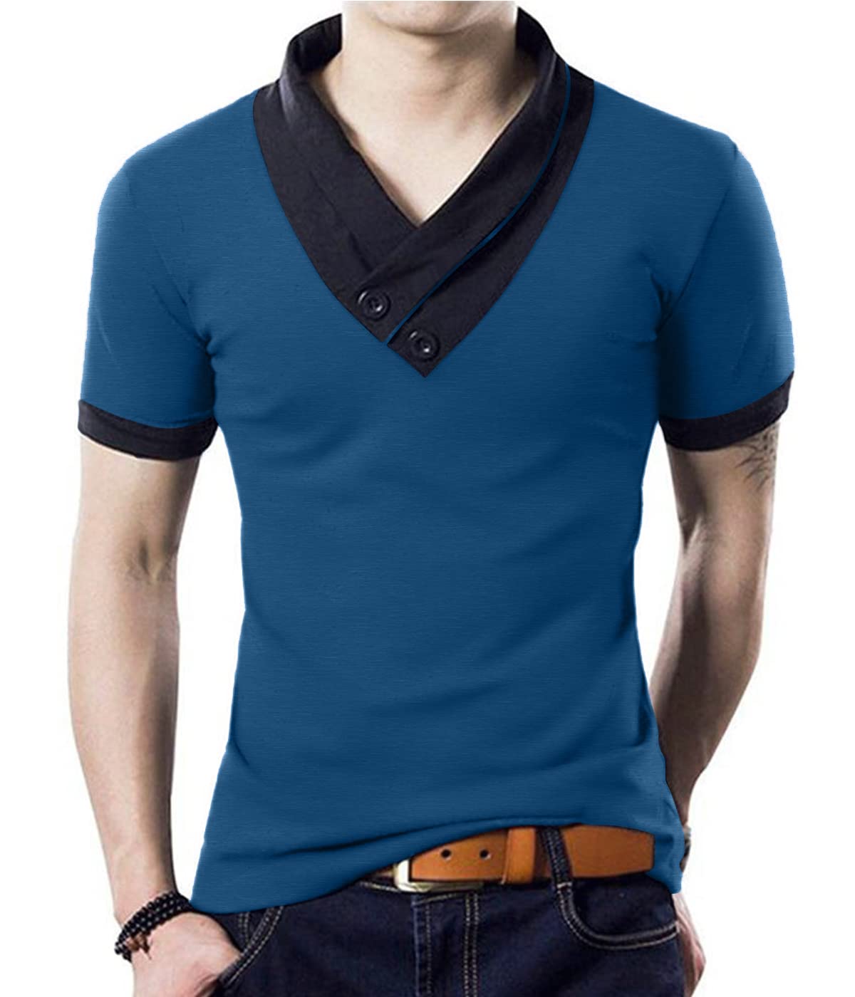 YTD Men's Cotton Casual V-Neck Button Slim Fit Muscle Tee - Short Sleeve T-Shirt for Gym, Workout & Everyday Wear