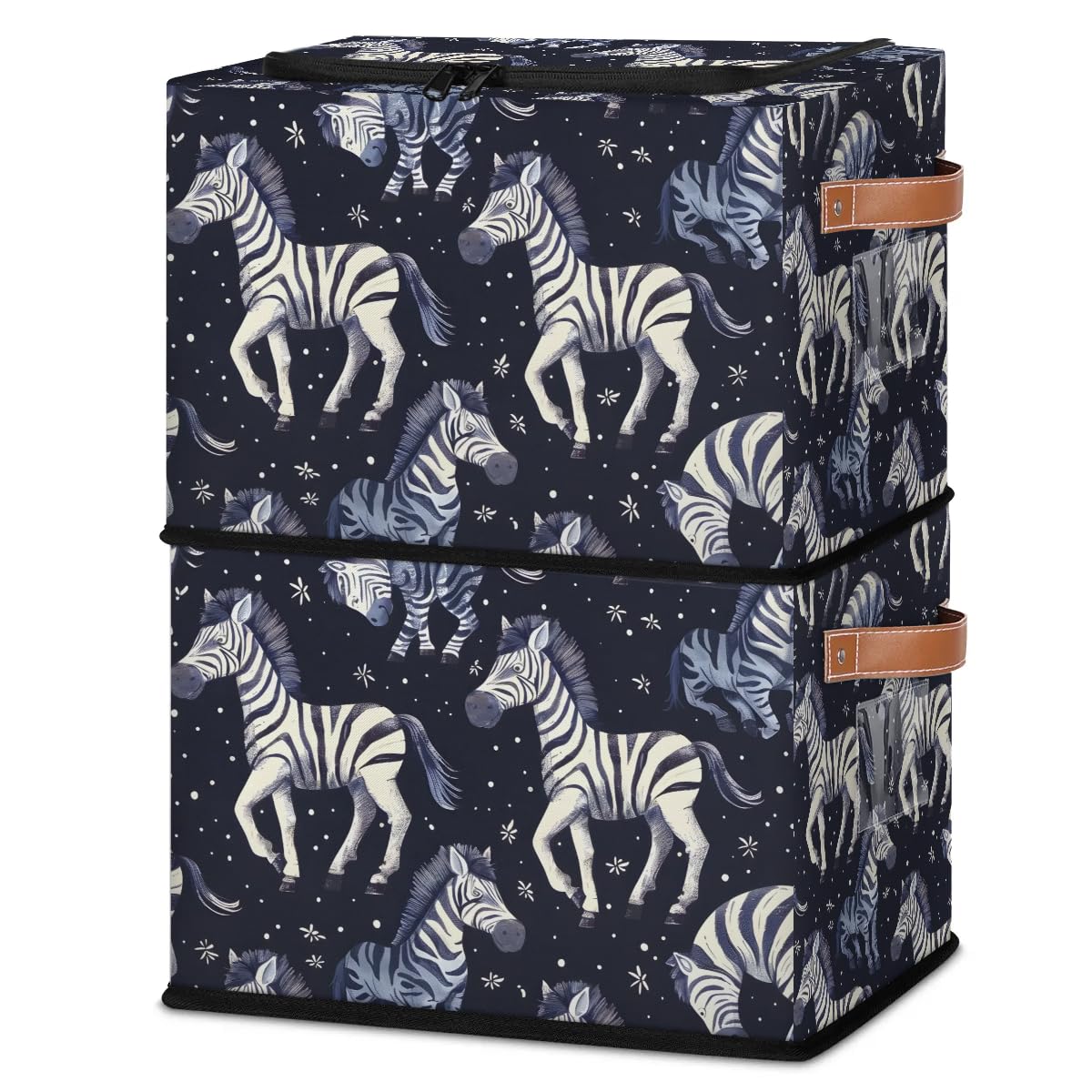 Black Zebra Print Storage Bins with Zipper Lid - 2 Pack Stackable Closet Organizer Baskets, Metal Frame Storage Cubes with PU Handles - Perfect for Clothes, Toys, and Home Organization