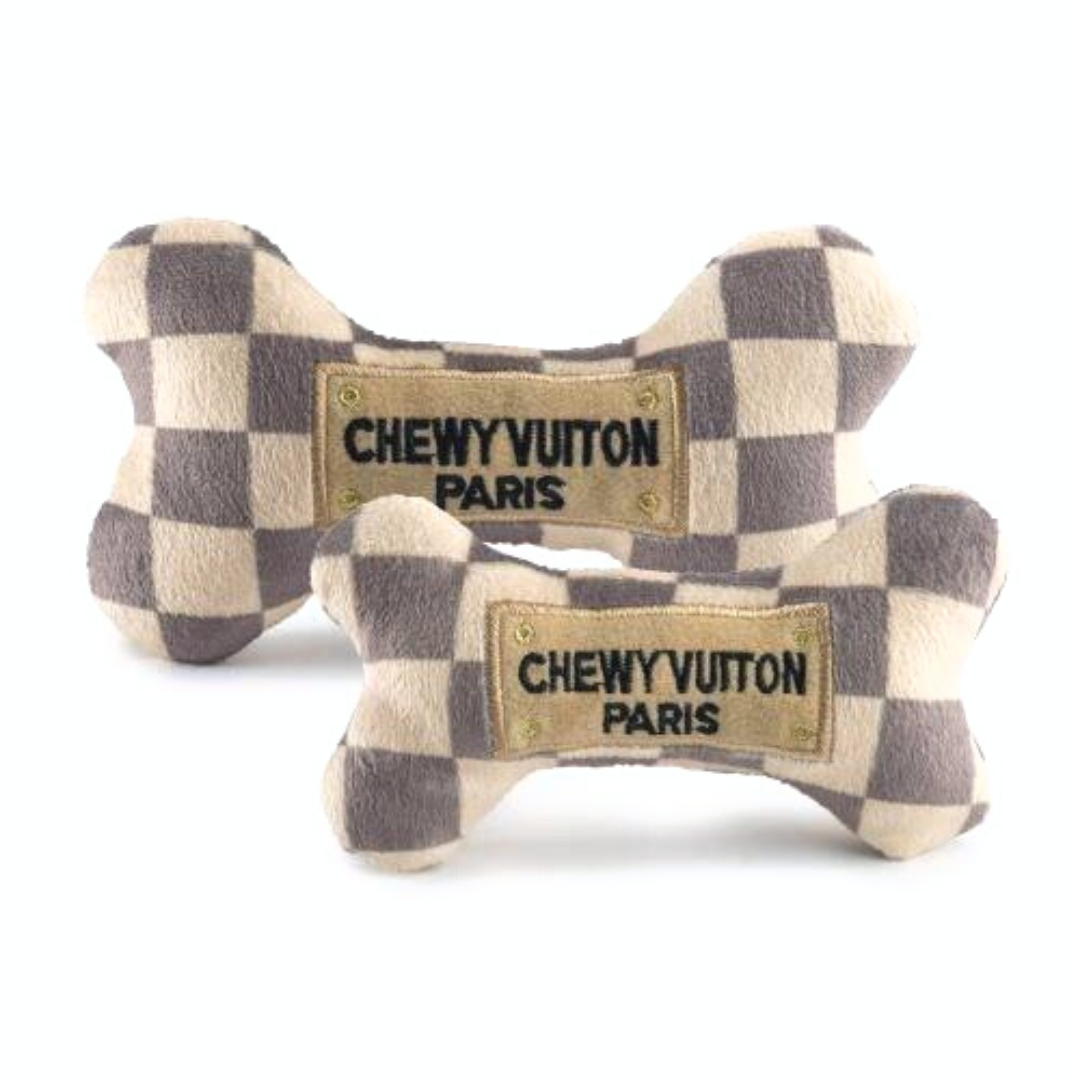 Durable Checker Chewy Vuiton Bone Dog Toy - Safe Puppy Chew Toy for Teething, Aggressive Chewers - Perfect for Indoor Play, Outdoor Fetch & Training Rewards