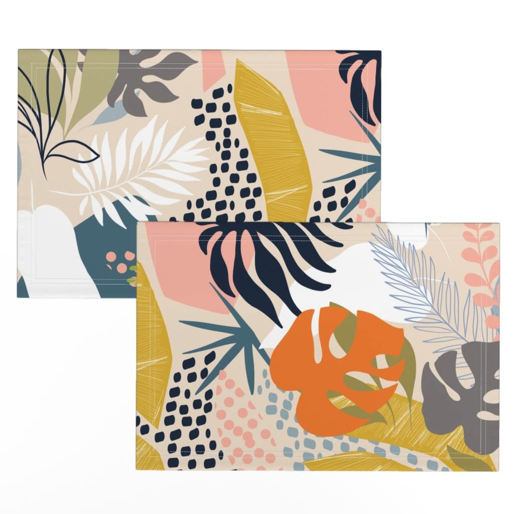 Premium Linen Cotton Canvas Placemats Set of 2 - Blue Tropical Boho Monstera Leaf Print Table Mats for Dining, Kitchen Decor & Party Table Setting