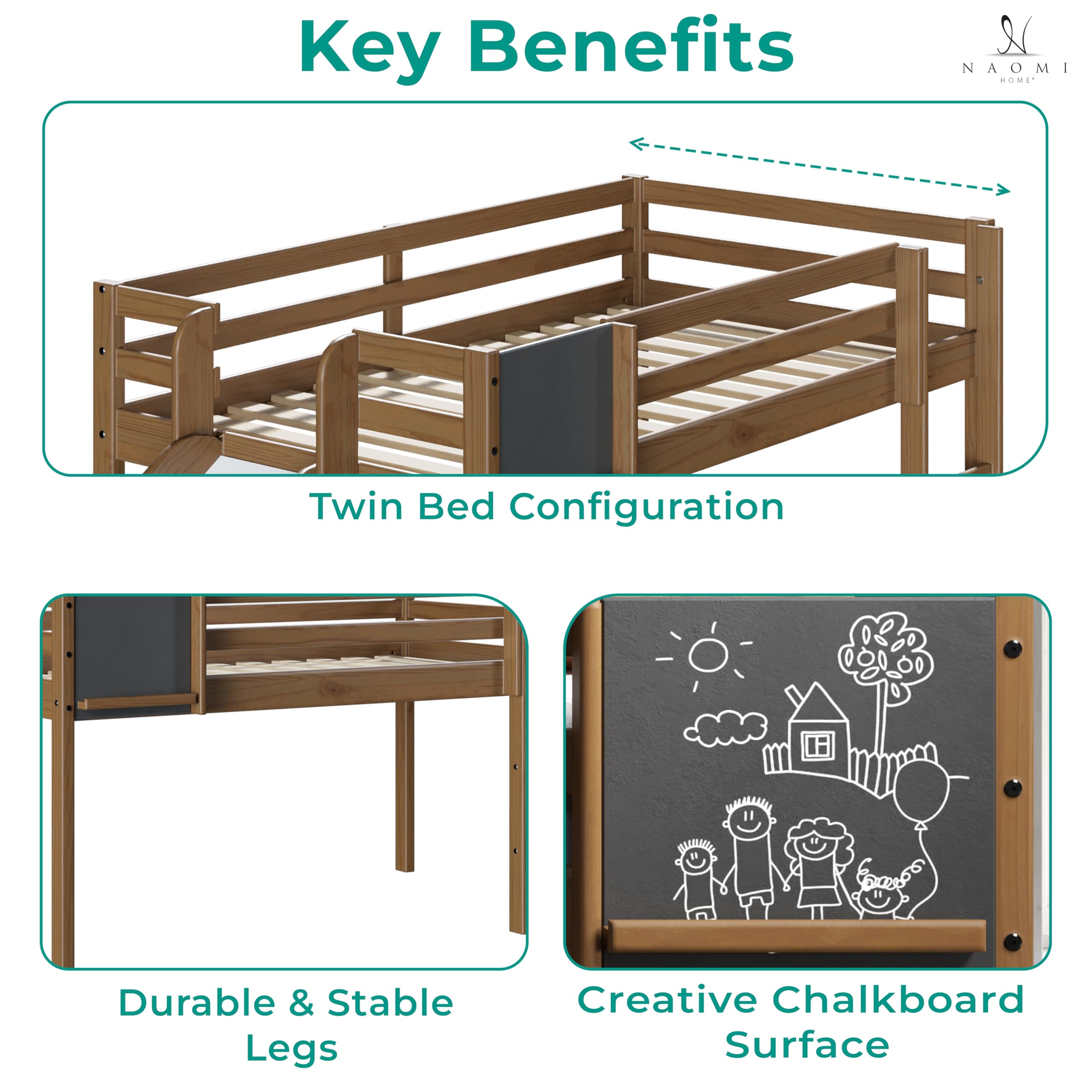 Naomi Home Cindy Twin Loft Bed with Slide - Solid Wood Toddler & Kids Bed with Ladder, Chalkboard - Space Saving Bed Frame for Boys & Girls (Latte Finish) | Perfect for Small Rooms, Playrooms & Shared Kids' Bedrooms