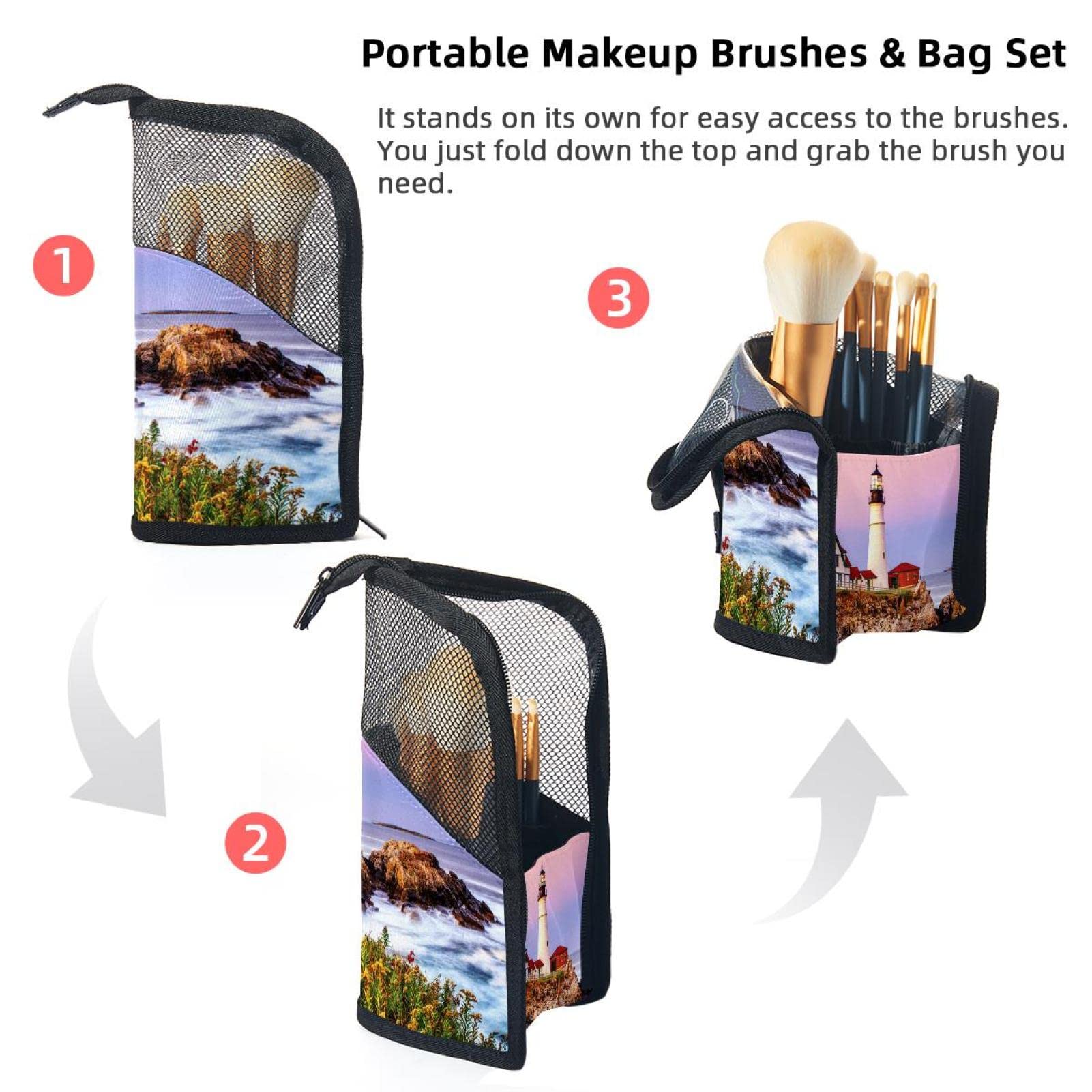 12-Piece Makeup Brush Organizer Bag with Portable Holder Case - Waterproof Travel Cosmetic Brush Storage for Seaside & Lighthouse Themed Vanity (Perfect for Travel, Home & Salon Use)