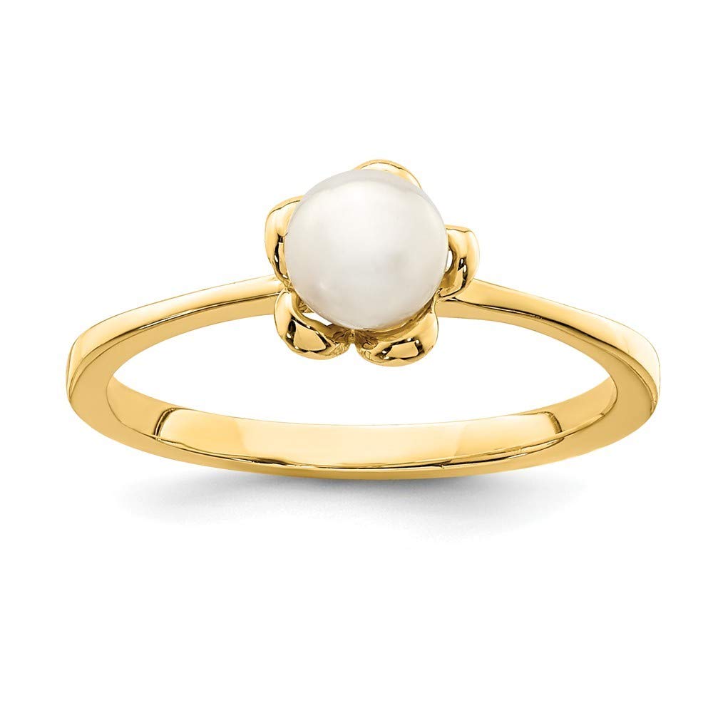 14K White Gold 4.5mm Freshwater Cultured Pearl Flower Ring - Size 4 Dainty Jewelry Gift for Women, Bridesmaid, Anniversary, Valentine's Day Present