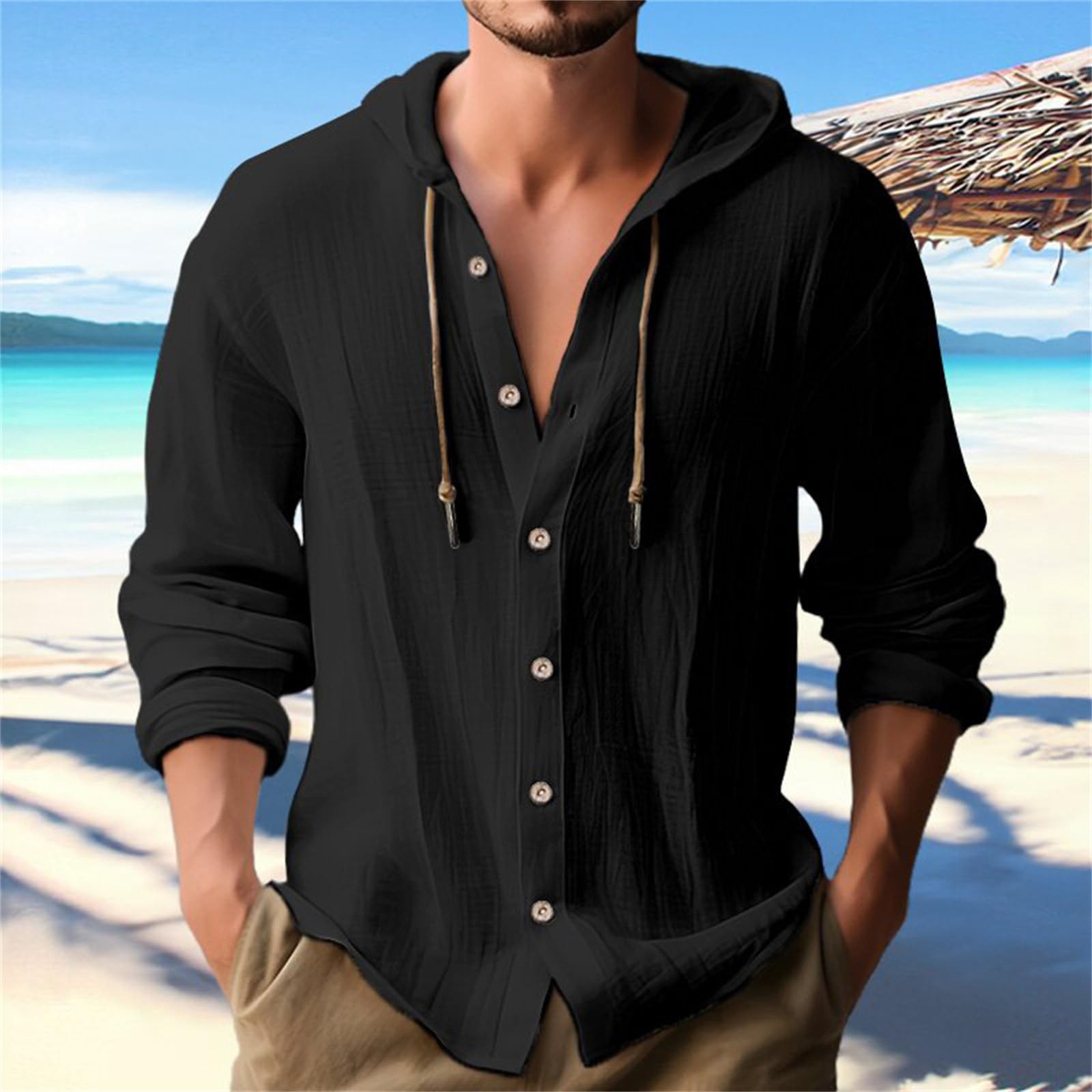 Uillui Men's Lightweight Linen Hoodie Shirt - Casual Button Down Shirt with Hood, Breathable Long Sleeve Summer Beach T-Shirt - Perfect for Outdoor Activities, Travel & Casual Wear
