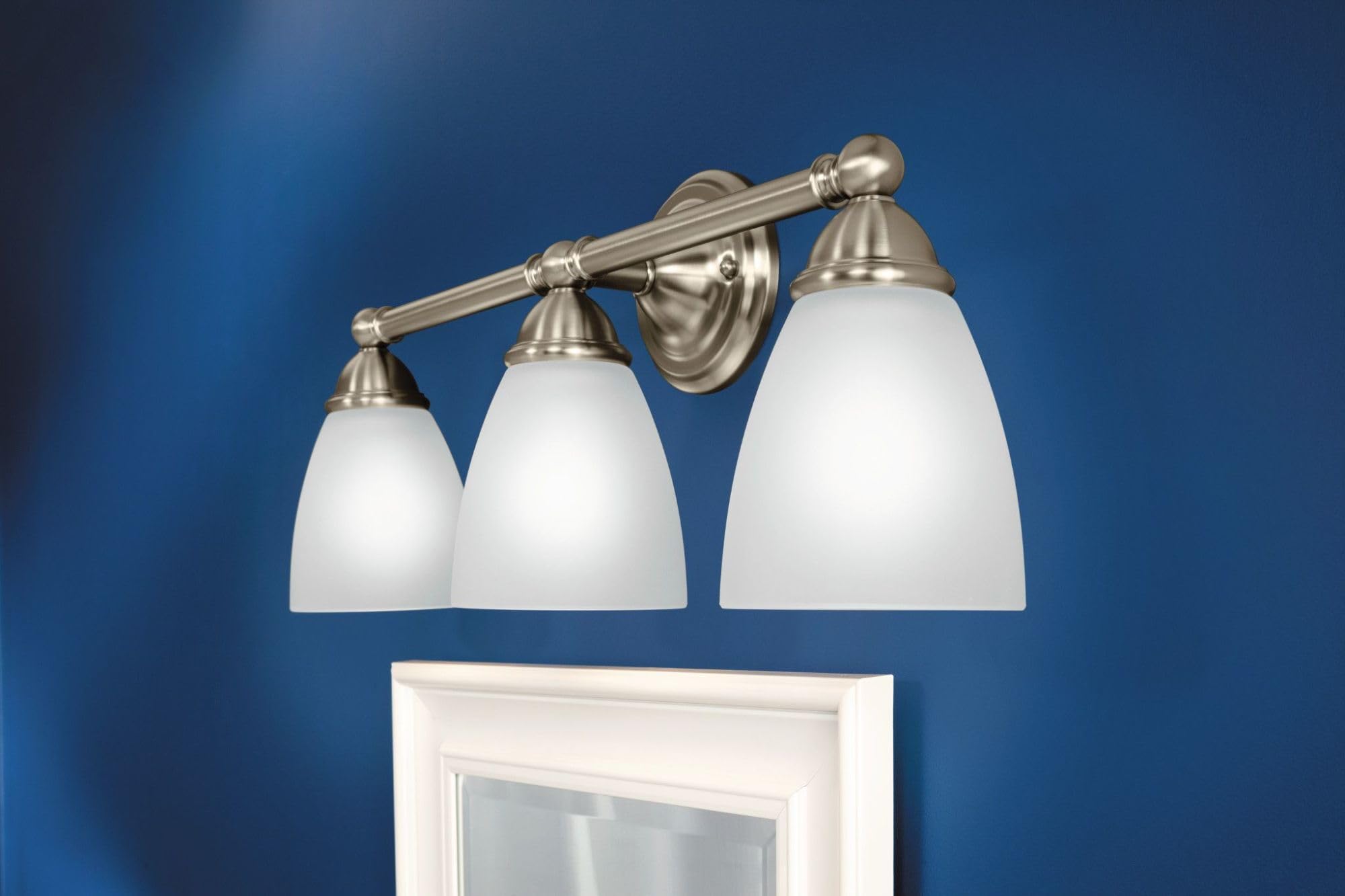 Moen YB2263BN Brantford 3-Light Bathroom Vanity Light Fixture - Brushed Nickel Finish with Frosted Glass Shades - Perfect for Bathroom, Powder Room, and Dressing Area Lighting