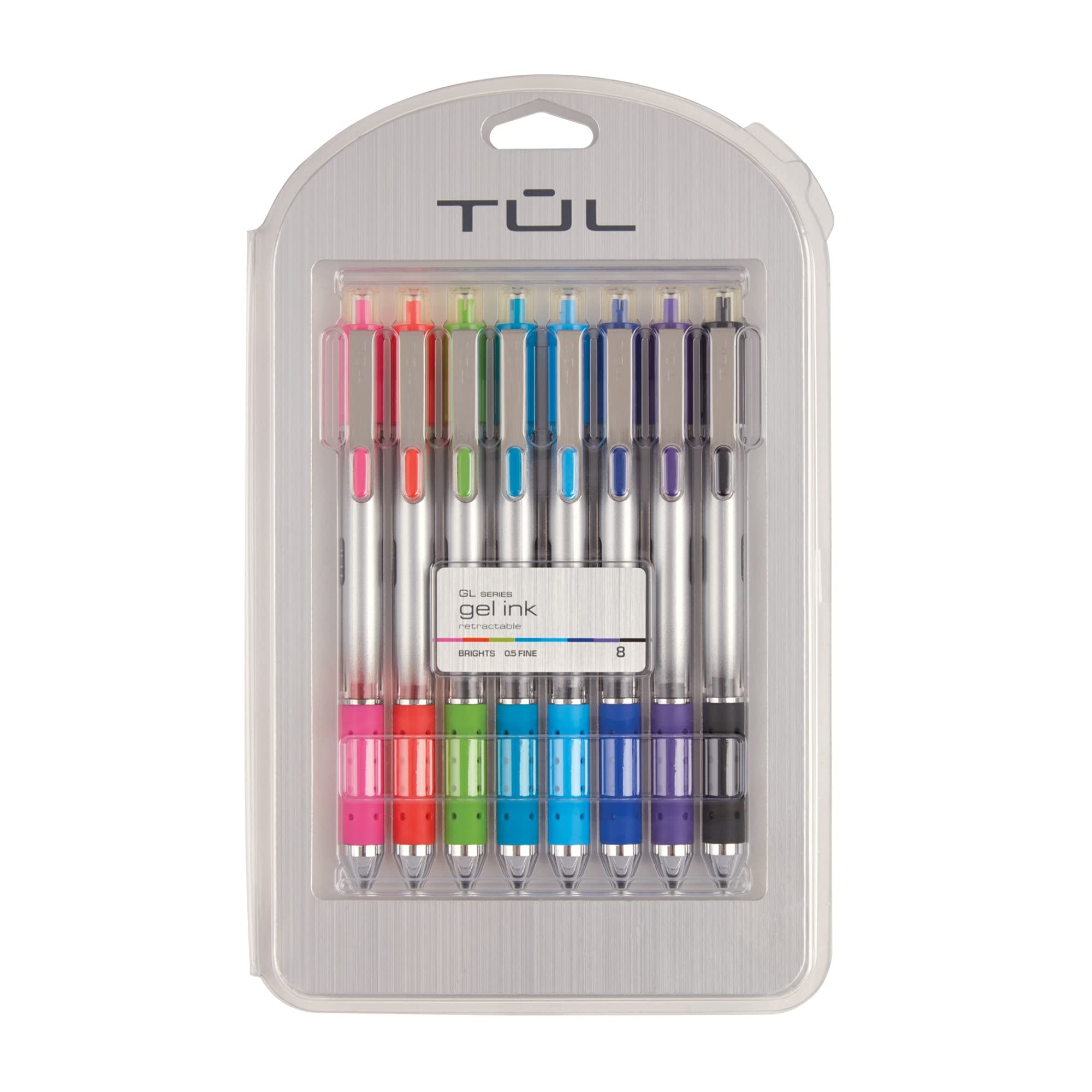 TUL Retractable Gel Pens 0.5mm Fine Point - 8 Pack Assorted Bright Colors with Gray Barrel for Smooth Writing - Perfect for Office, School, Note Taking & Journaling