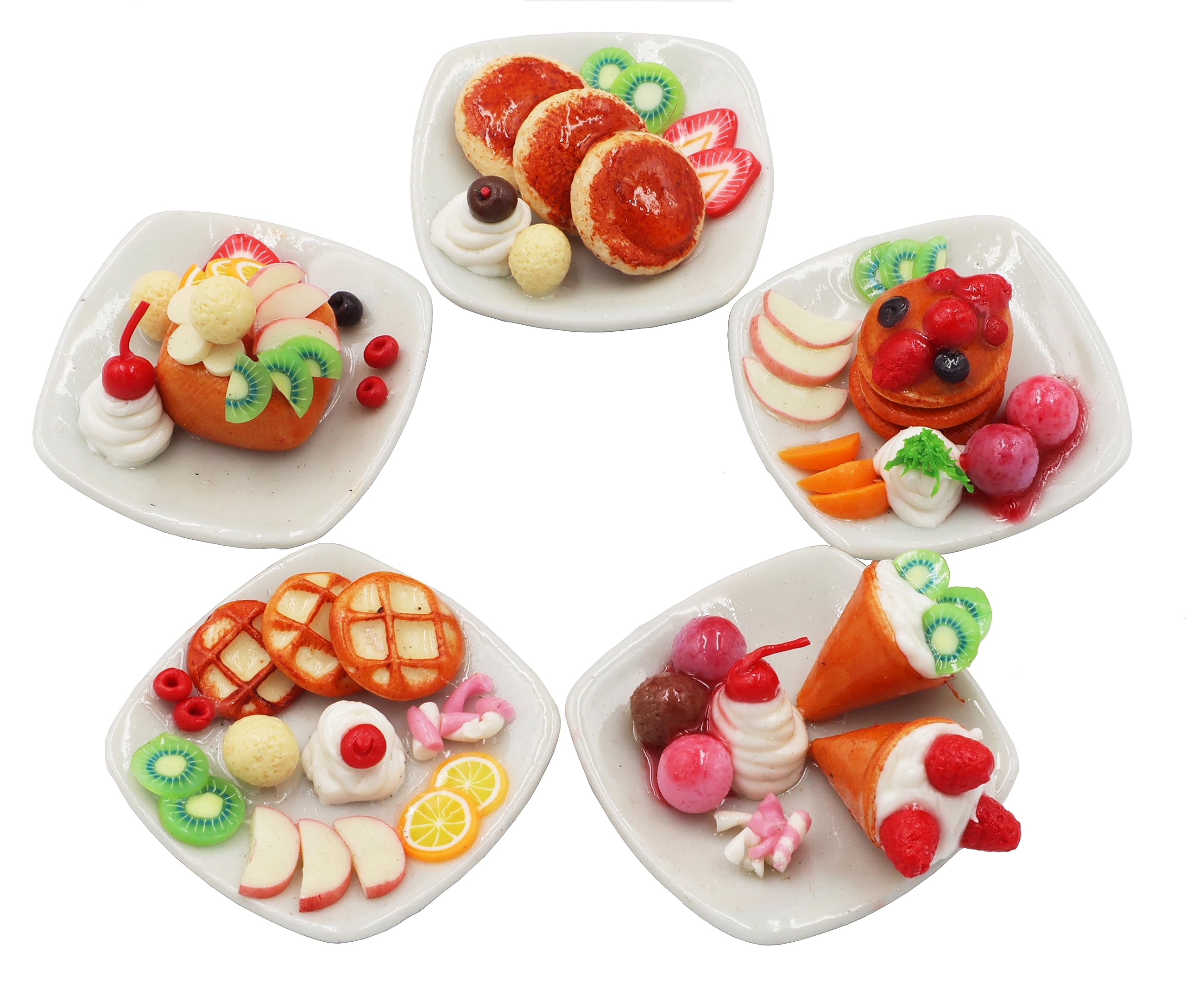 Handmade Miniature Pancake & Waffle Set - 5 Tiny Dollhouse Food Accessories for DIY Crafts, Miniature Kitchen Decor, and Collectibles - Perfect for Dollhouse Scenes, Fairy Gardens, and Miniature Displays