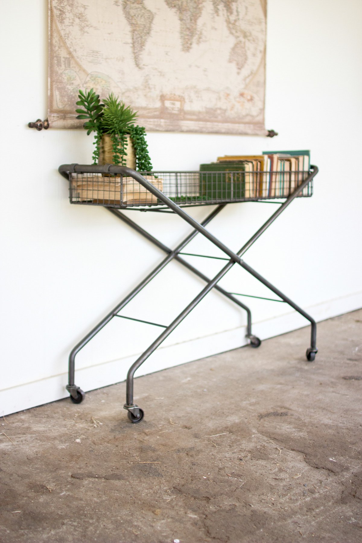 Modern Rolling Metal Wire Mesh Basket Console - Stylish Plant Stand & Serving Cart for Living Room, Kitchen, or Outdoor Use