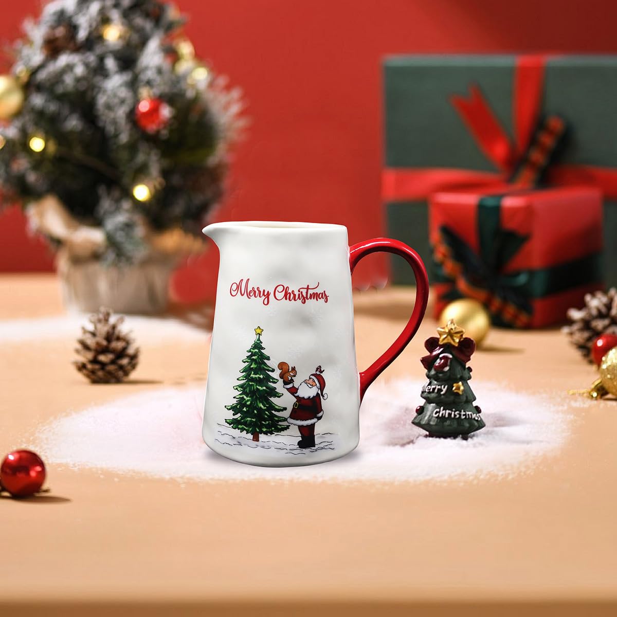 Ceramic Santa Claus Pitcher - Christmas Tree Flower Vase with Handle, Festive Holiday Decorative Jug for Home Decor, Perfect Christmas Gift for Family & Friends - Ideal for Holiday Parties, Table Centerpieces & Seasonal Decorations