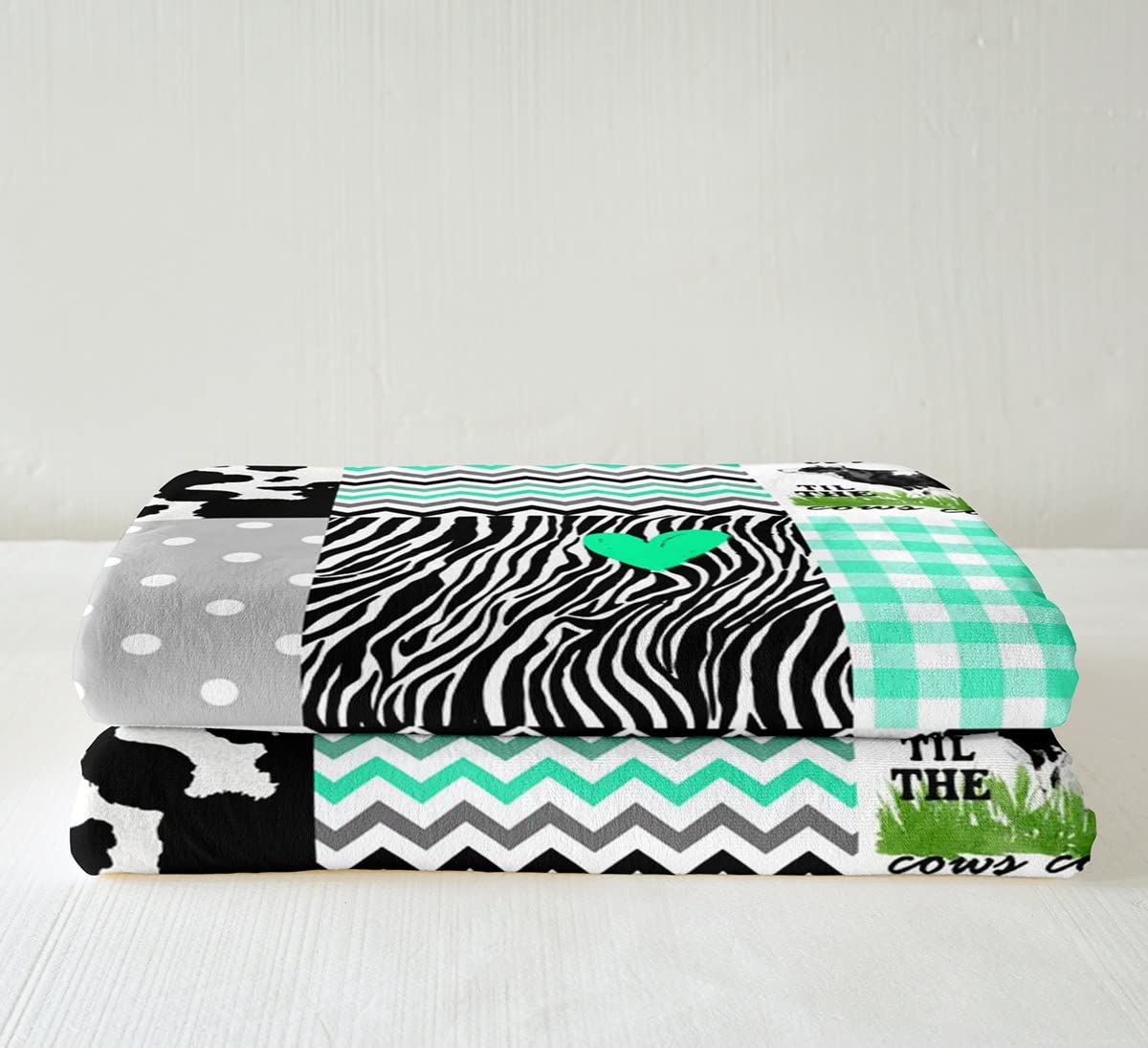 Cute Cow Print Fleece Throw Blanket - Soft Farm Animal Plush Blanket for Kids, Boys & Girls Room Decor - Black White Green Plaid Fuzzy Blanket - Baby Size 30x40 Inches - Perfect for Nursery, Bedroom, Sofa & Gift
