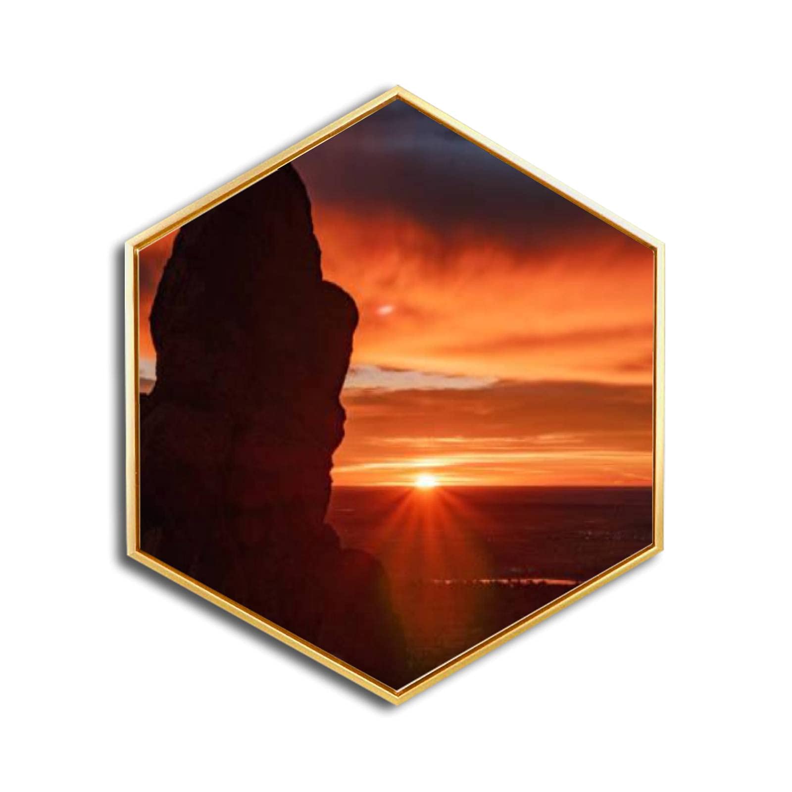 Fiery Sunrise Golden Framed Canvas Wall Art - Modern Hexagon Giclee Prints for Home & Office Decor - Ready to Hang - Perfect for Living Room, Bedroom & Workspace Wall Decoration