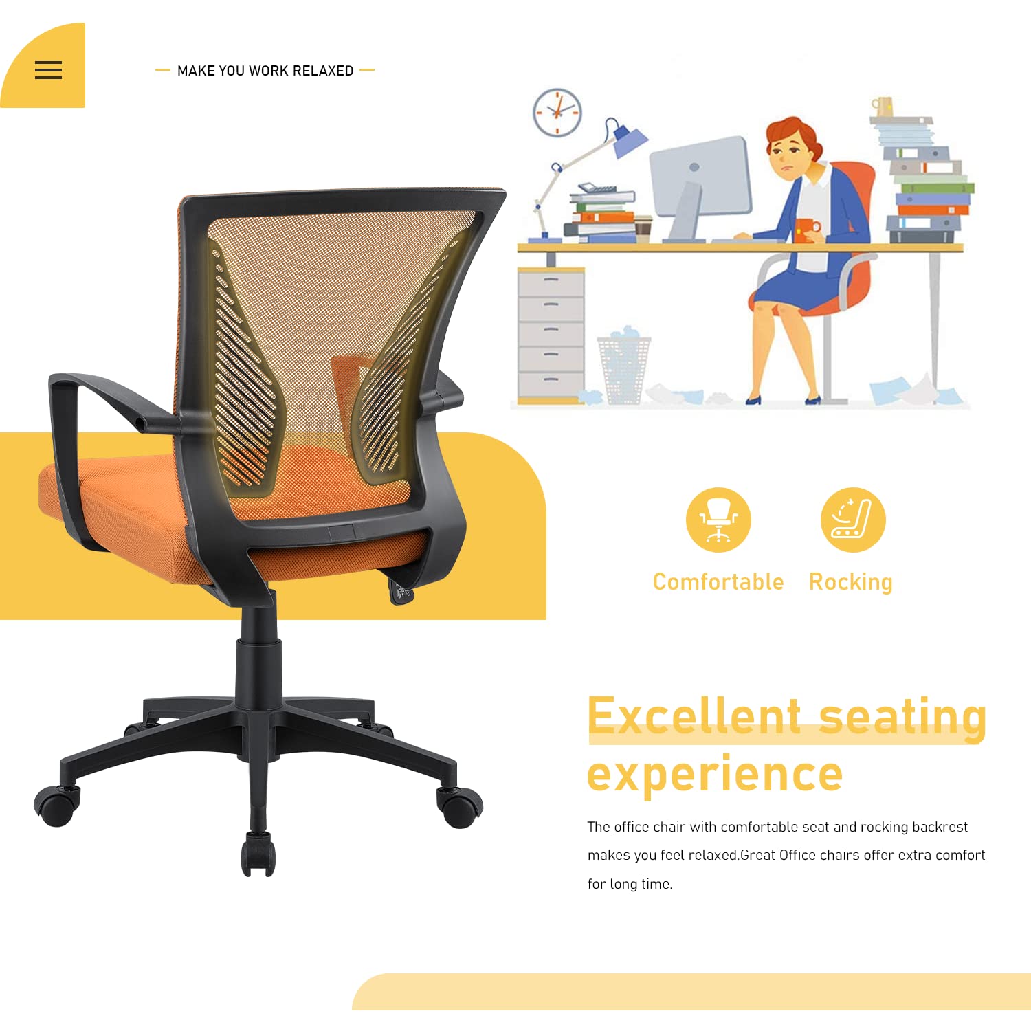 Ergonomic Mesh Office Chair with Lumbar Support - Mid Back Swivel Rolling Computer Desk Chair for Home & Office, Adjustable Armrests (Orange) - Perfect for Long Work Hours, Gaming & Study Sessions