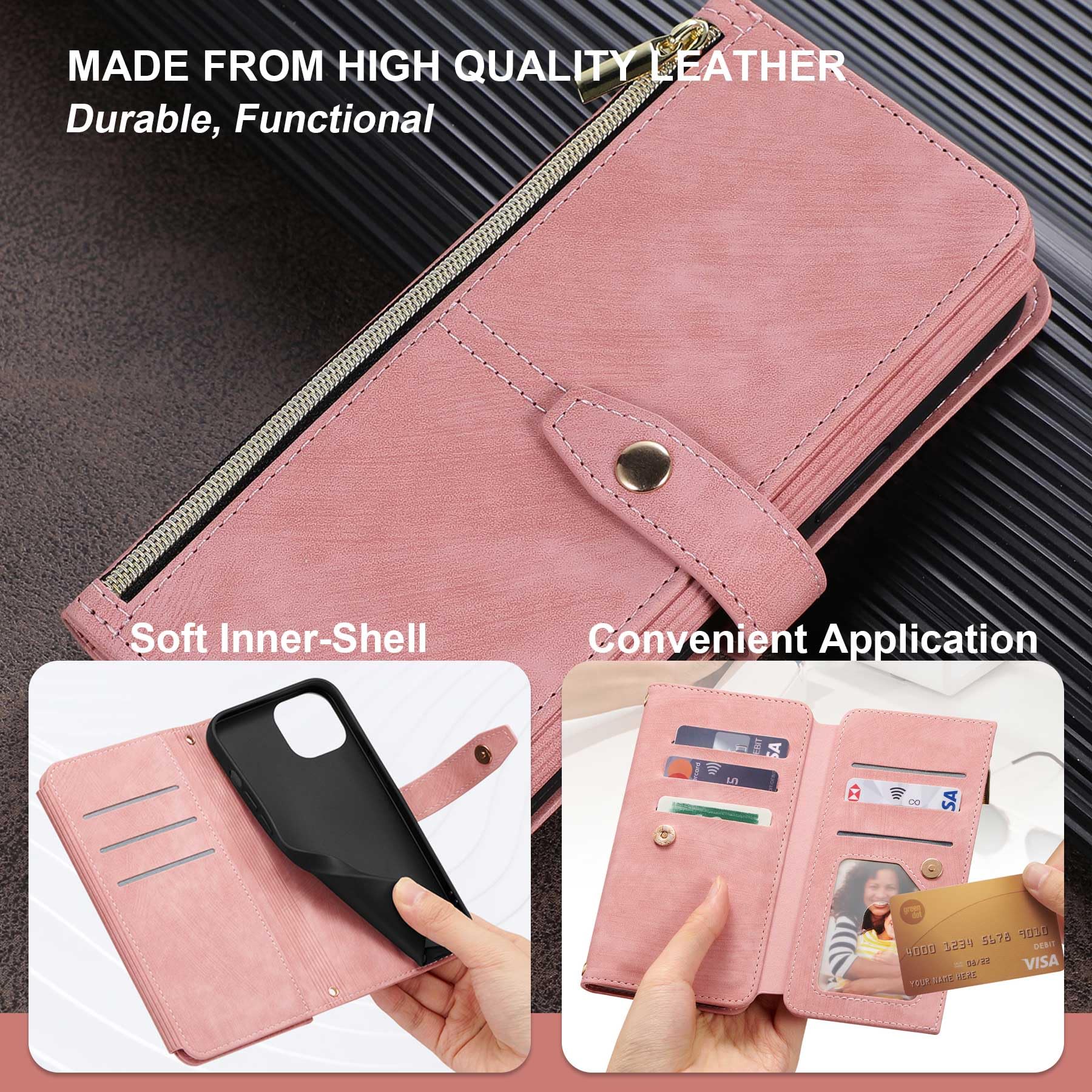 Premium Zipper Leather Wallet Case for iPhone X/Xs with Wrist Strap - Pink | Slim Flip Phone Cover with Card Slots | Perfect for Everyday Use, Travel & Shopping
