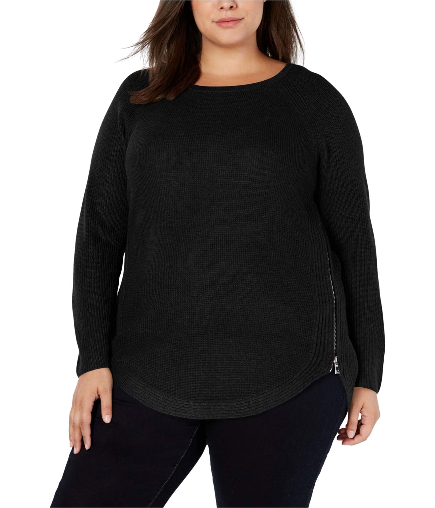 Women's Plus Size 1X Black Waffle Knit Side Zip Pullover Sweater - Cozy Casual Wear for Fall & Winter, Perfect for Layering, Office & Weekend Outfits