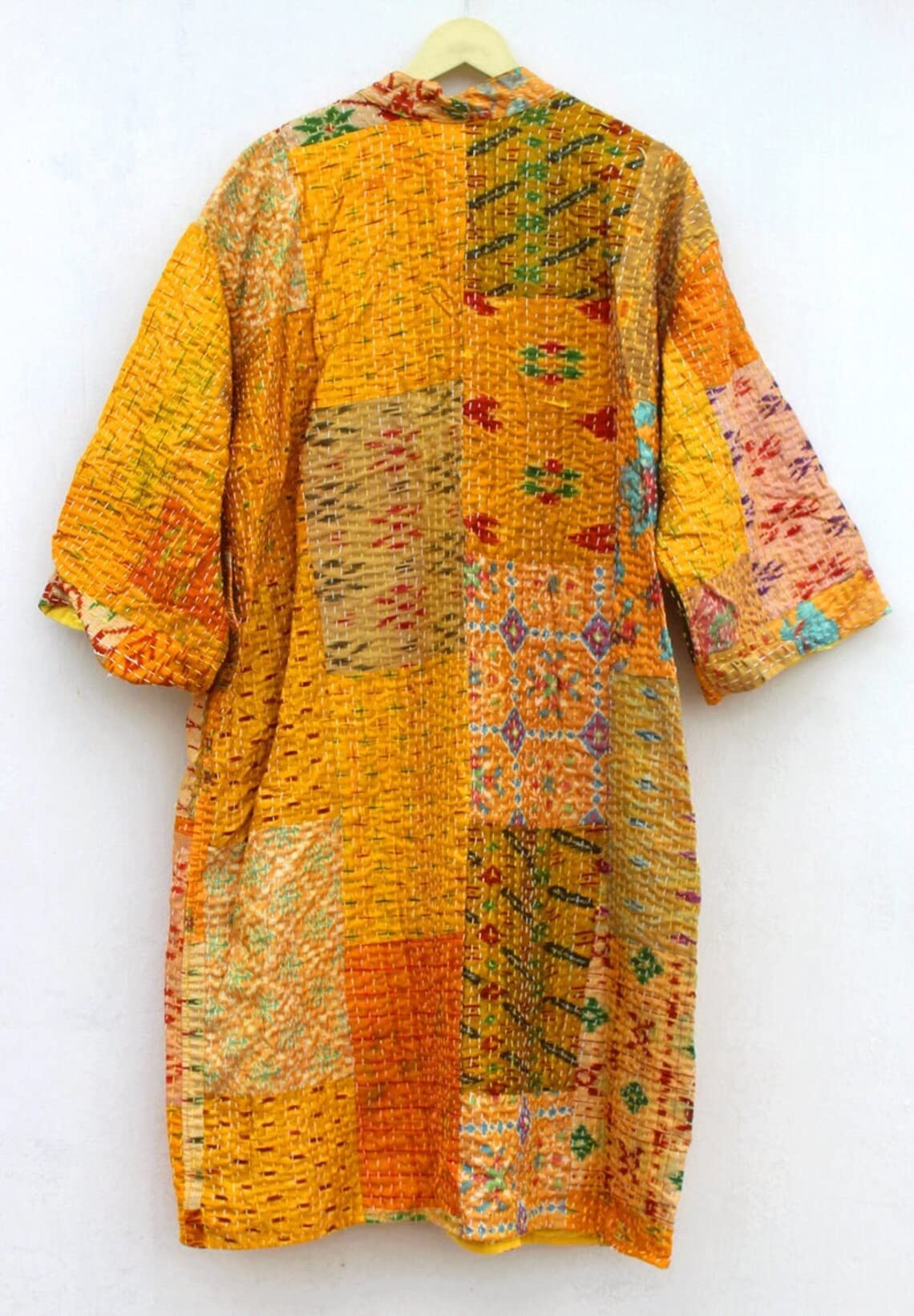 Rajbhoomi Women's Handmade Silk Patola Kantha Quilted Kimono Robe - Elegant Patchwork Overcoat Jacket for Lounge Wear & Special Occasions