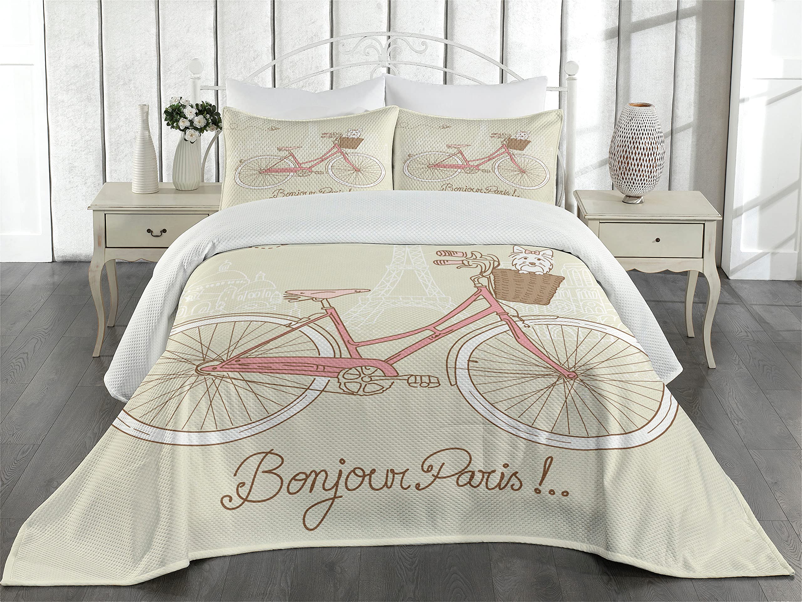 Ambesonne Dog Coverlet Set - Romantic Paris Postcard Design with Dog in Bicycle Basket, 3-Piece Quilted Bedspread & 2 Pillow Shams, King Size in Eggshell & Coral | Perfect for Pet Lovers' Bedroom Decor, Guest Room Styling & Cozy Home Makeover