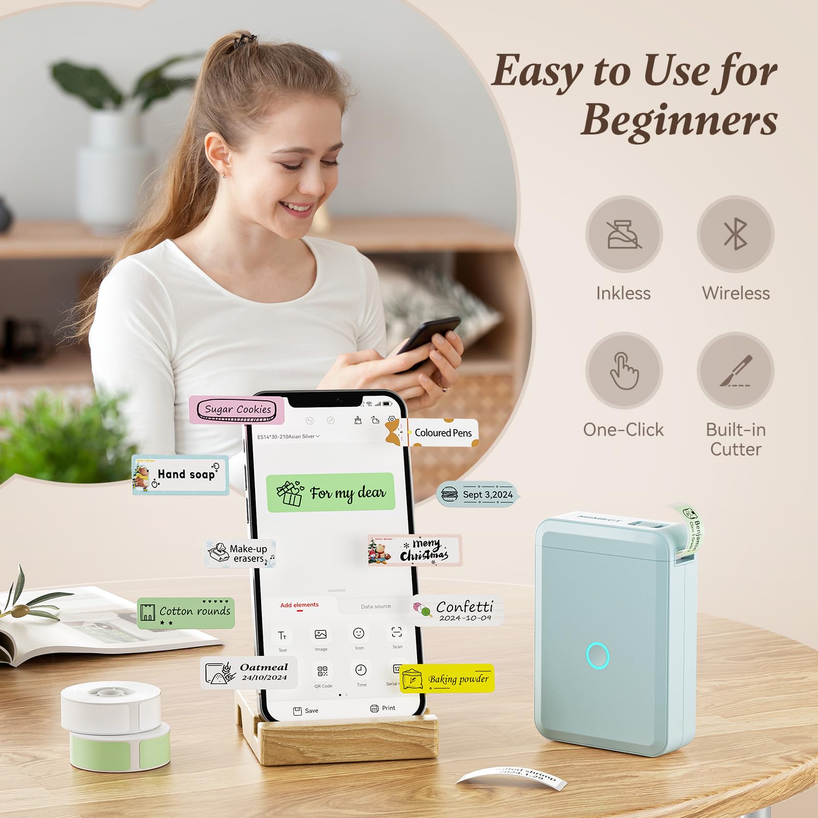 NIIMBOT D110 Wireless Label Maker Machine with Tape - Portable Bluetooth Label Printer for Home & Office Organization, Multiple Templates, Rechargeable (Blue) | Perfect for Phone Labeling, Storage Bins & File Folders