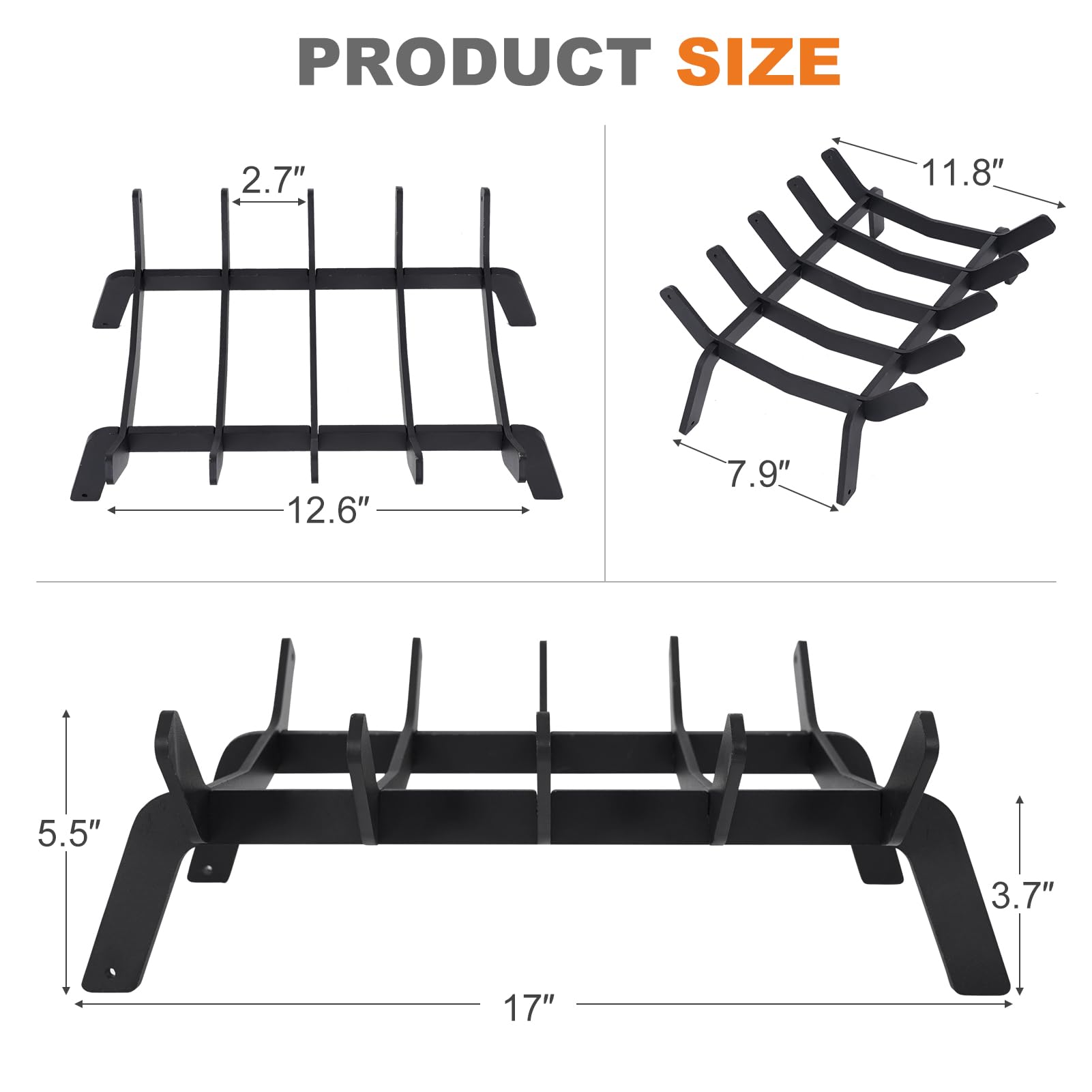 17 Inch Heavy Duty Steel Fireplace Grate - Indoor Fireplace Log Holder & Firewood Rack for Wood Stove | Durable Fireplace Accessory for Cozy Home Heating & Winter Decor