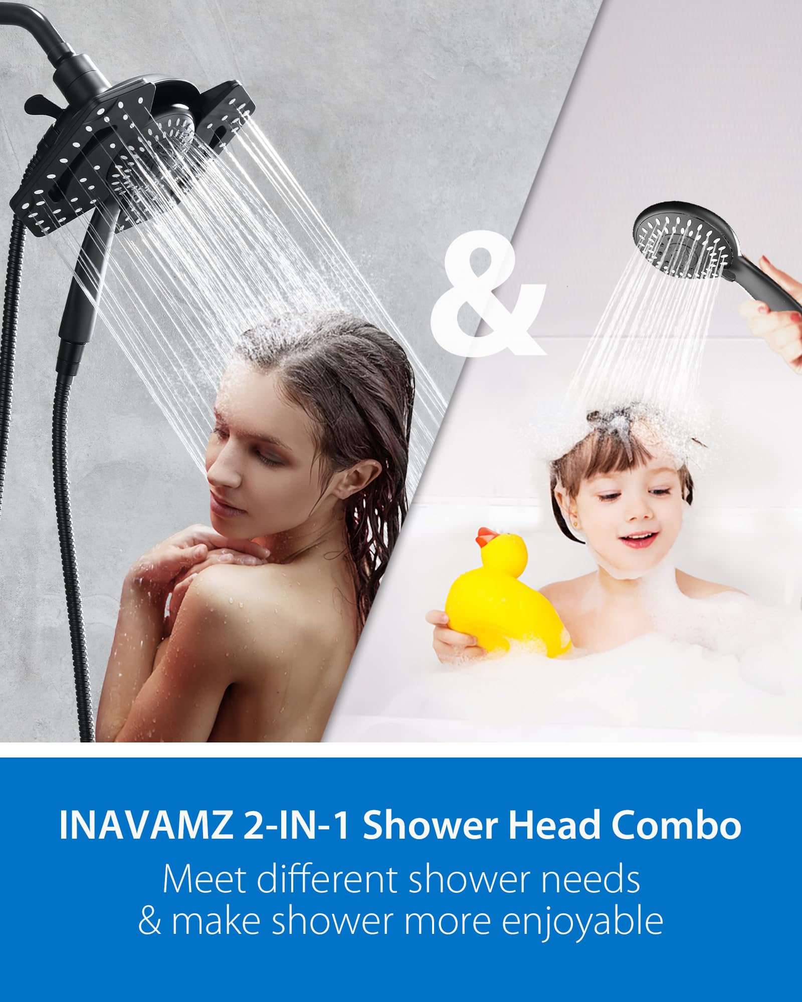 2-in-1 High Pressure Black Shower Head with Handheld - Rainfall & Detachable Dual Shower Heads with 2.5GPM Hose - Perfect for Bathroom Renovation & Spa-Like Shower Experience