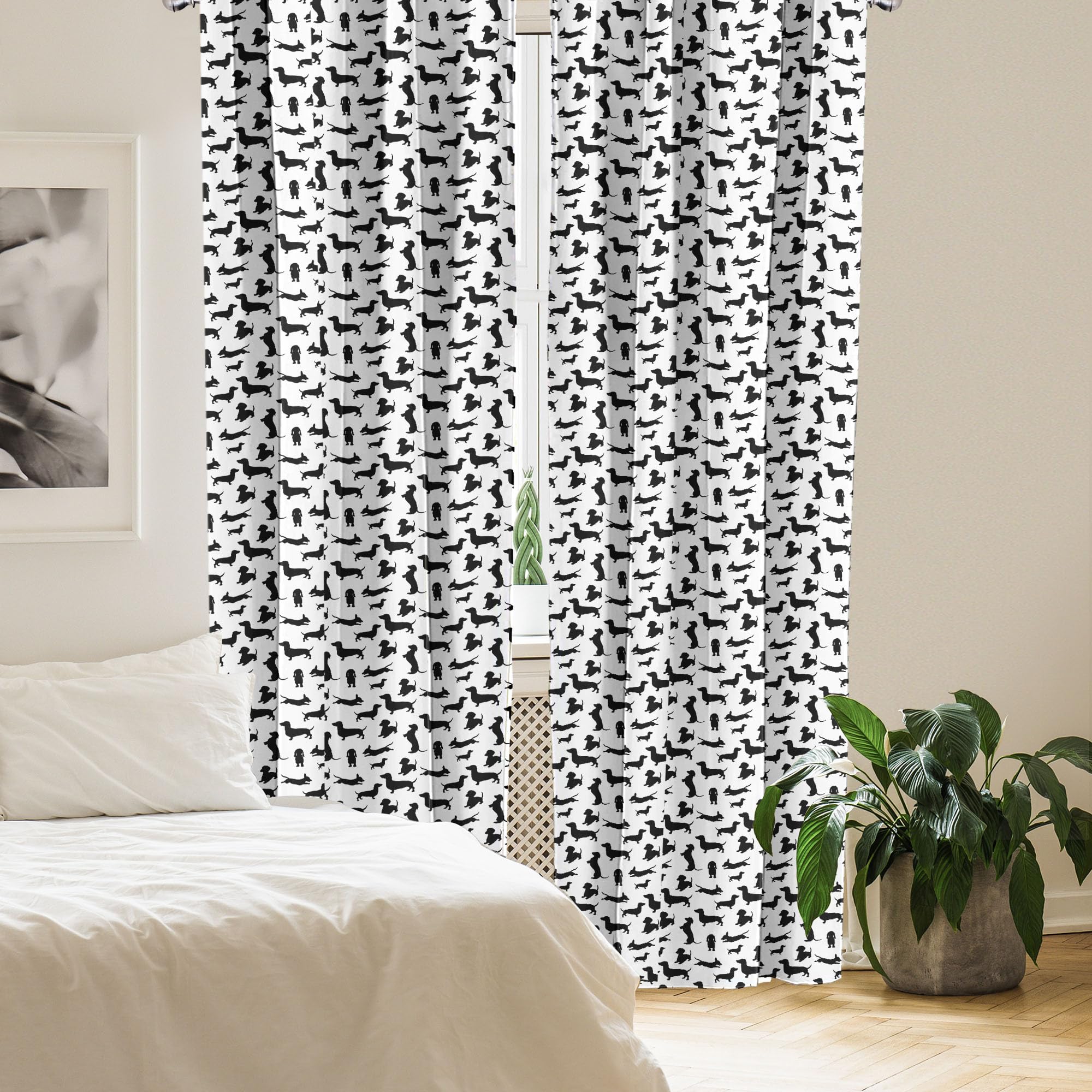 Ambesonne Dog Lover Window Curtains - Black & White Dachshund Print Lightweight Rod Pocket Panels (28x95 Inch, 2-Panel Set) | Pet Lover Home Decor for Living Room, Bedroom & Nursery