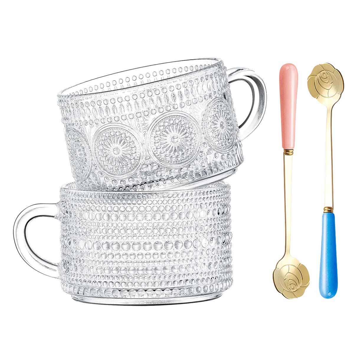 Luka Tech 14oz Clear Embossed Glass Coffee Mugs with Spoon - Set of 2 Large Glass Cups for Hot & Cold Beverages - Perfect for Cappuccino, Latte, Tea, Cereal & Yogurt - Ideal Gift for Women, Men & Friends - Great for Home, Office or Cafe Use
