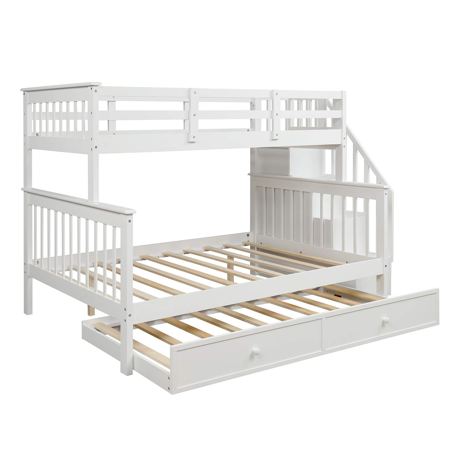 **Twin Over Full Bunk Bed with Trundle & Storage - Wooden Bunk Bed Frame with Guardrails & Stairs for Kids, Teens, Adults - Space-Saving Bedroom Furniture for Small Rooms, Guest Rooms, or Vacation Homes (White)**