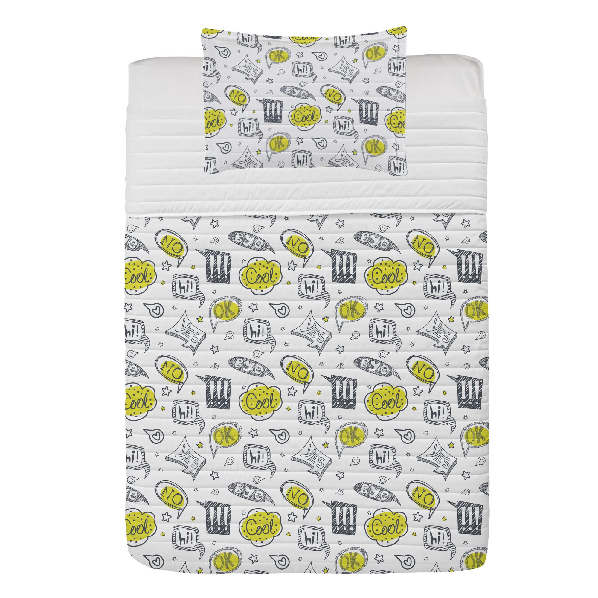 Ambesonne Comic Microfiber Bedspread Set - Speech Bubble Cartoon Design with Hi, Okay, No, Yes & Exclamation Marks | Soft Twin Size Bedding with Pillow Sham & Comforter in Yellow, Green, Grey & White | Perfect for Kids' Rooms, Dorm Decor & Fun Bedroom Themes