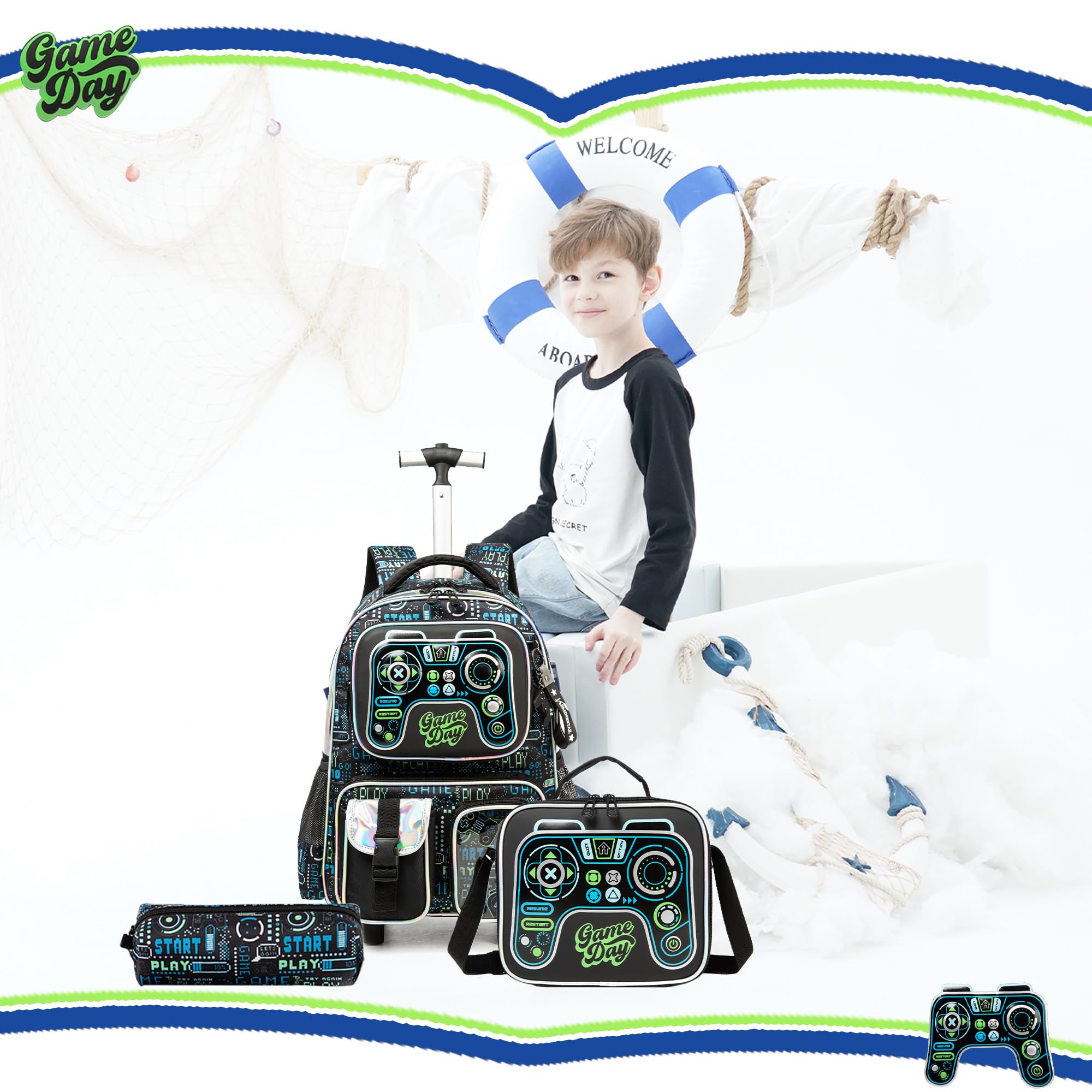 Meetbelify Kids Rolling Backpack with Wheels - 3-in-1 School Travel Luggage for Boys Age 8-10 | Includes Lunch Box & Suitcase Features | Perfect for Elementary Students, Airplane Trips & Daily Commute