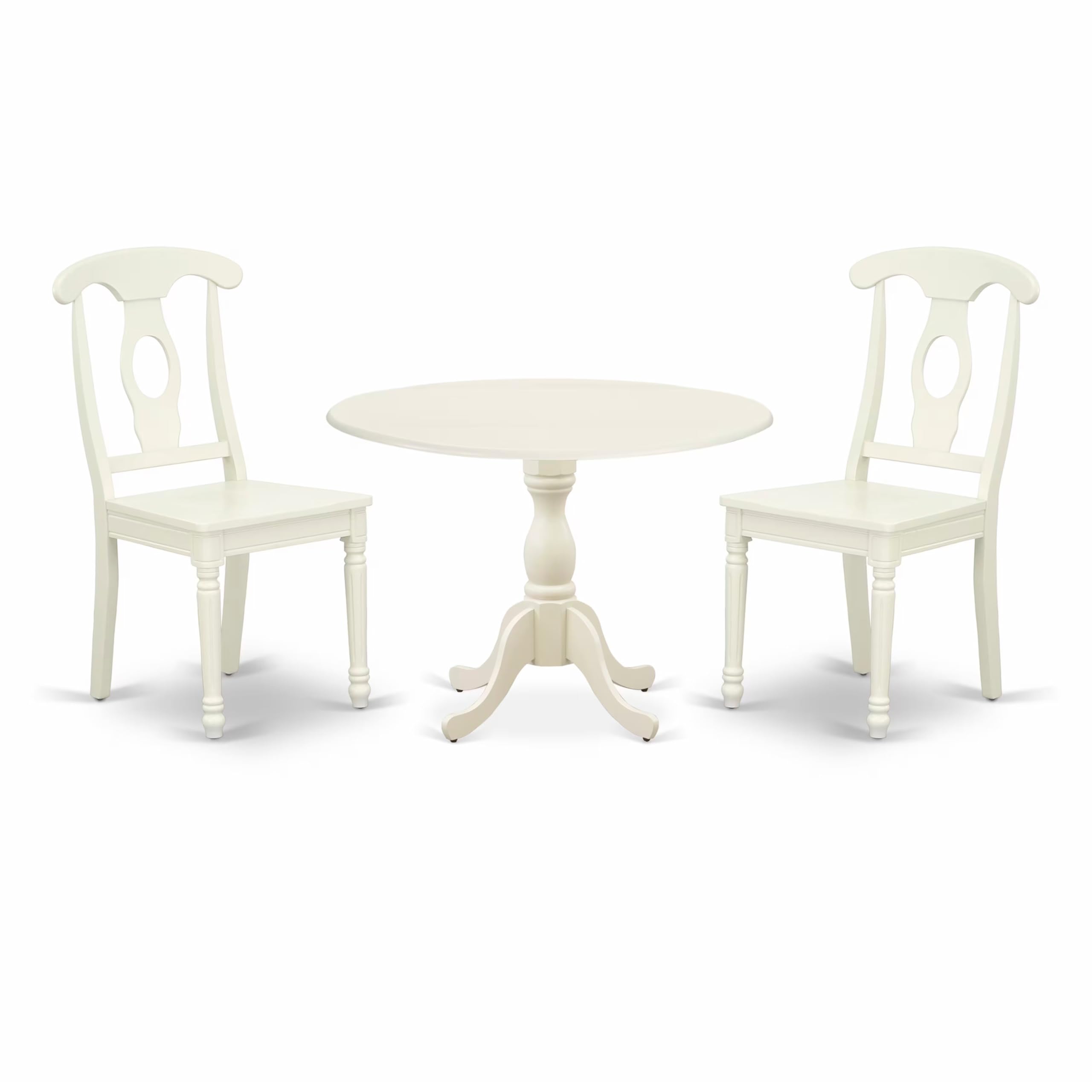 East West Furniture DMKE3-LWH-W 3-Piece Modern Dining Room Set - Round Wooden Drop Leaf Table & 2 Upholstered Chairs, 42x42 Inch, Linen White - Perfect for Small Spaces, Breakfast Nooks & Cozy Kitchen Dining Areas