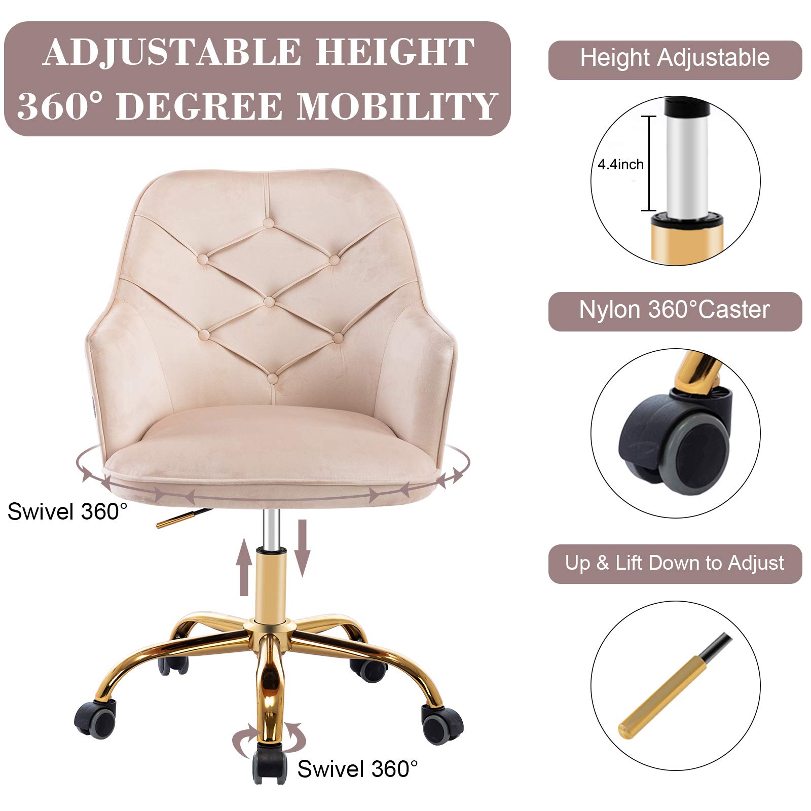 HomVent Velvet Home Office Chair - Modern Swivel Desk Chair with Adjustable Height & Soft Velvet Seat, Ergonomic Computer Chair for Work & Study, Perfect for Home Office, Gaming & Workspace (Beige)