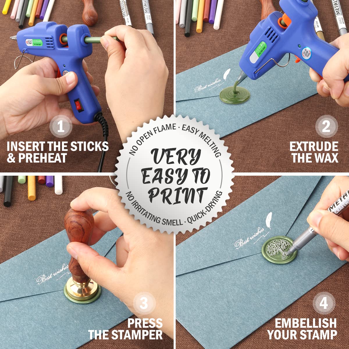Wasole 20W Sealing Wax Glue Gun for 0.28 Inch Wax Sticks - Olive Green Hot Melt Glue Gun for Wedding Invitations, Birthday Cards, Envelopes & DIY Crafts - Perfect for Wax Sealing, Gift Wrapping and Decorative Projects