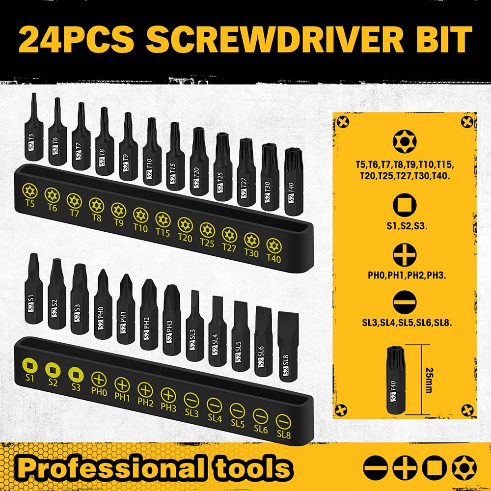 26-Piece Magnetic Screwdriver & Bit Set with Strong Magnetic Holder - Durable Torx, Square, Phillips & Slotted Bits - Ergonomic Cushion Grip 95mm & 210mm Handles - Perfect for Home Repair, DIY Projects & Professional Use